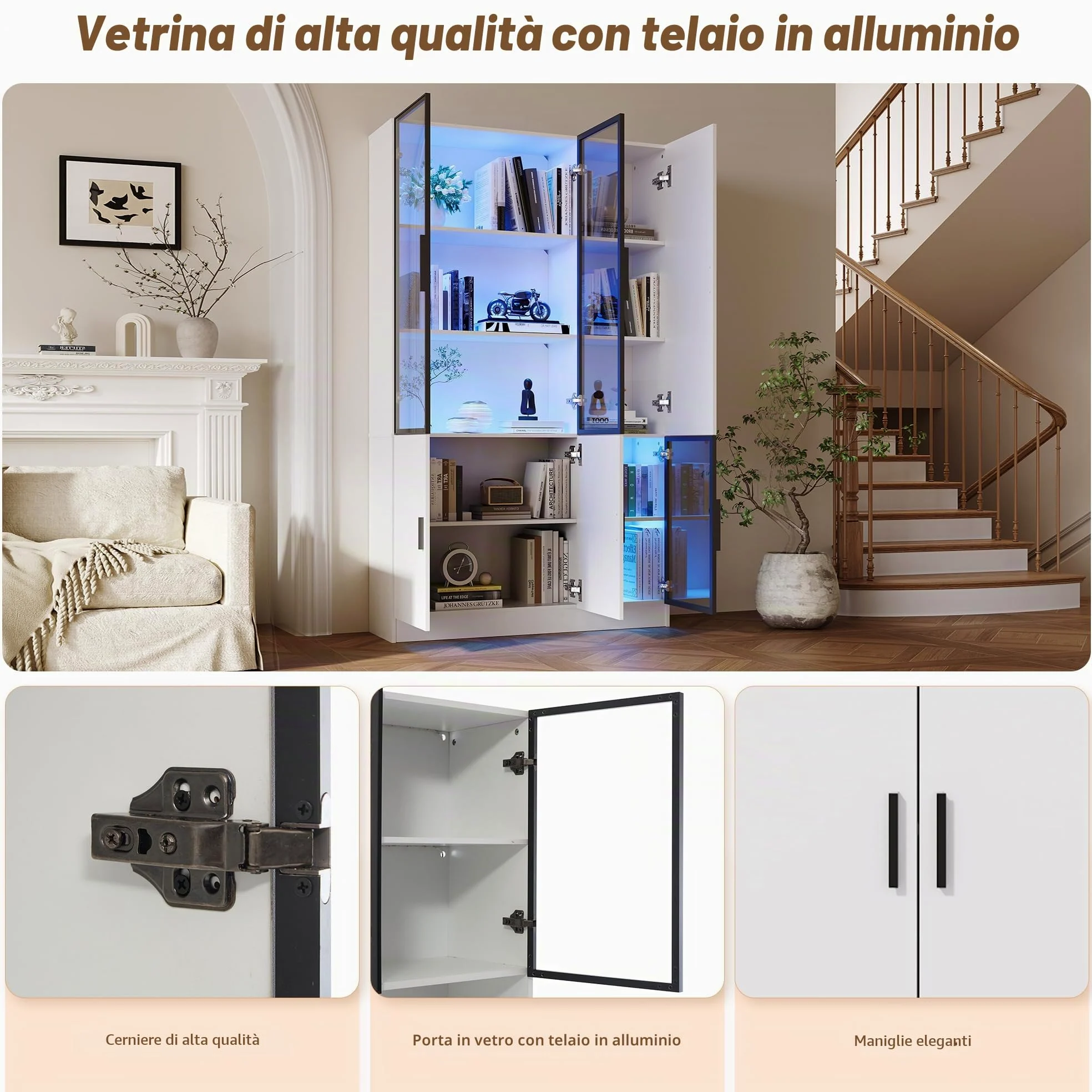 Vetrina moderna in vetro con LED, armadio alto bianco, legno e alluminio, 120 x 35 x 200 cm, 3 ante in vetro, per soggiorno, camera da letto, ufficio