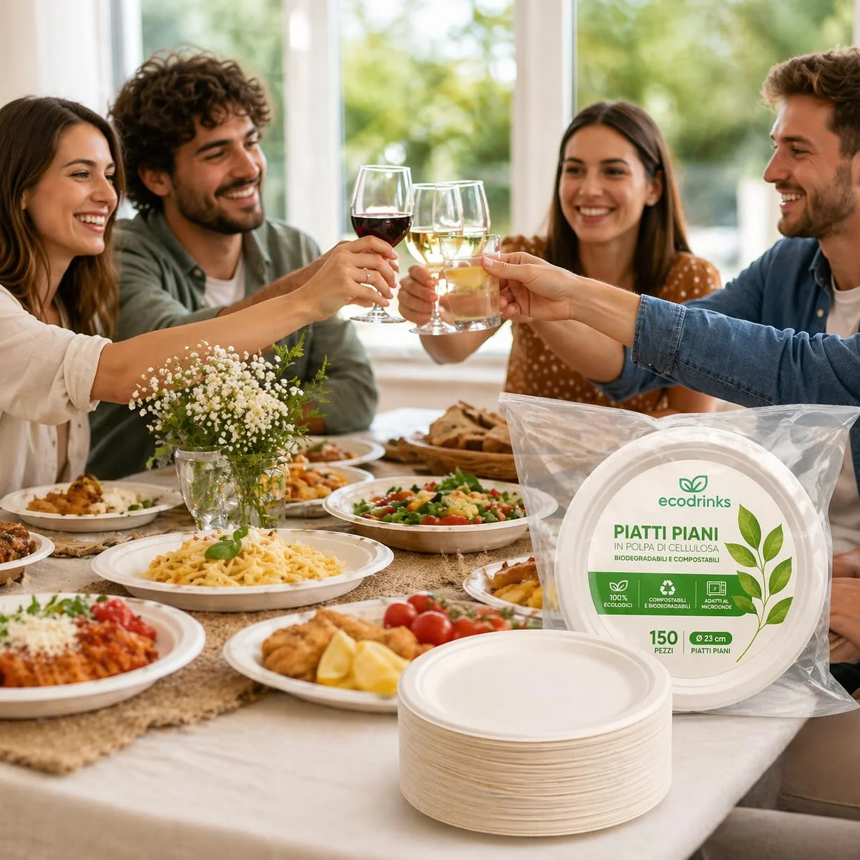 Piatti di Carta Compostabili 23 cm - Cellulosa Naturale Biodegradabile, Usa e Getta