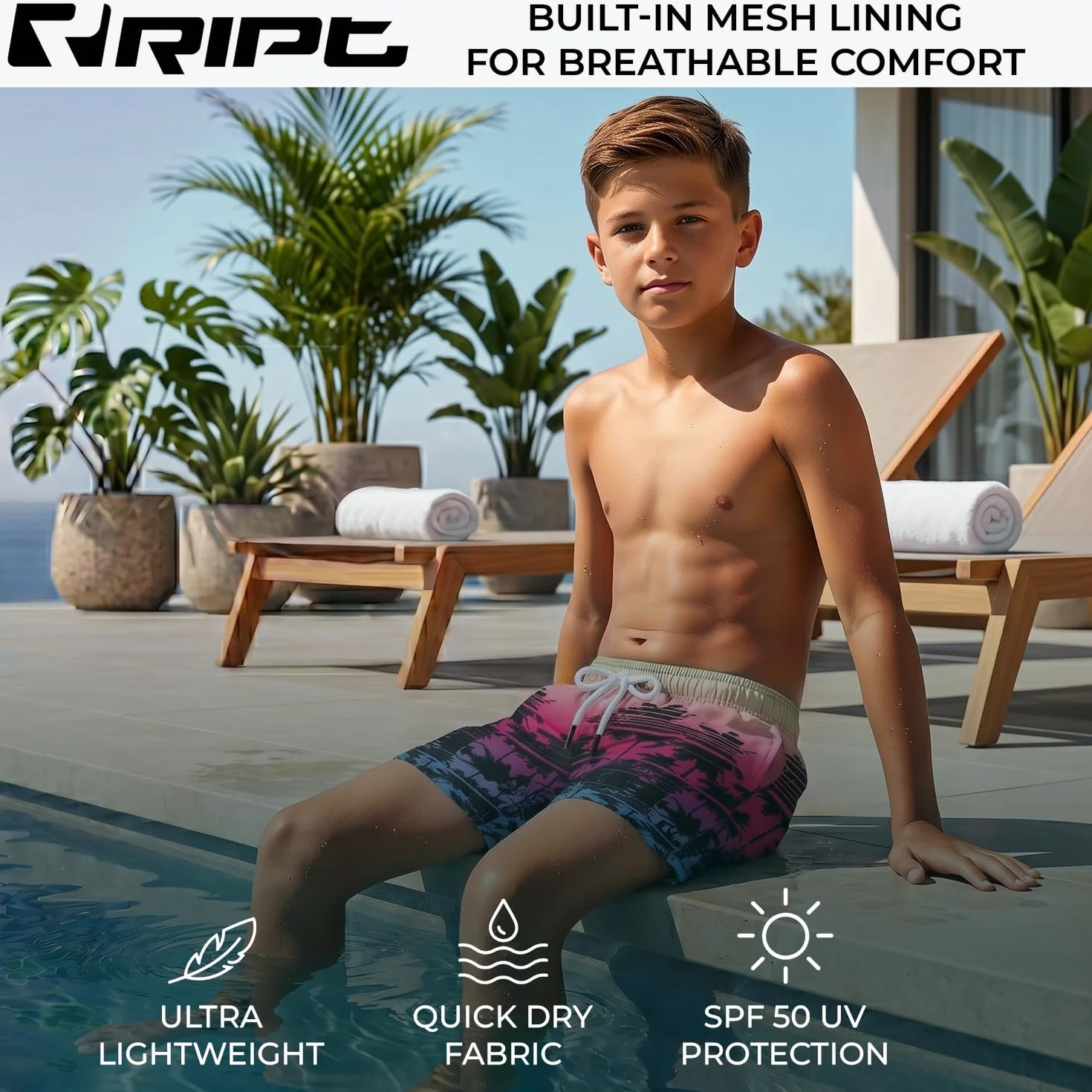 Boardshort Bambino Asciugatura Rapida Protezione UV 50 Pantaloncini Surf Nuoto Rosa 9-10 Anni