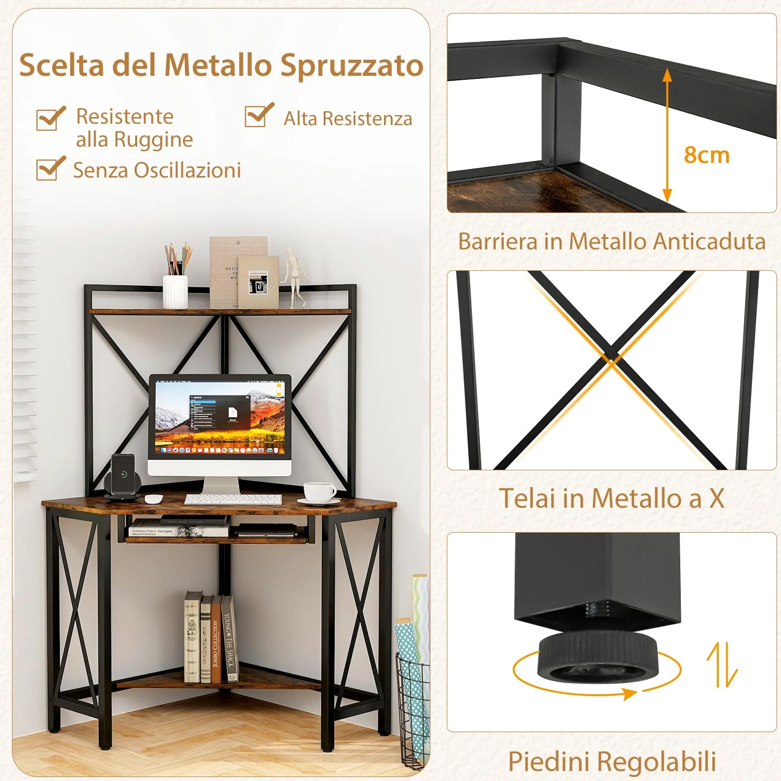 COSTWAY Scrivania Angolare con Prese, Scrivania ad Angolo con Ripiani, Porta Tastiera Estraibile e Struttura in Metallo, Scrivania Salvaspazio per Ufficio e Casa(marrone e nero)