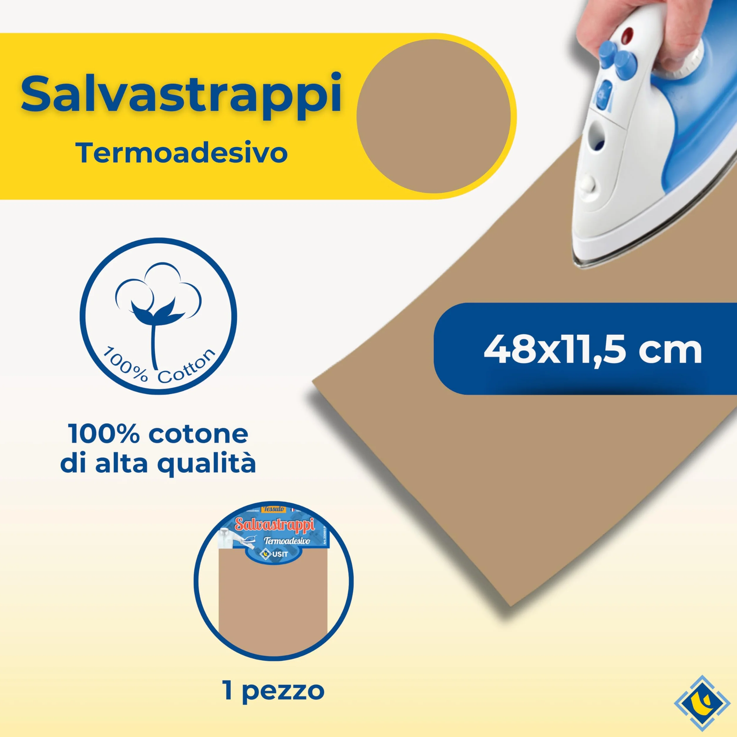 USIT, Salvastrappi Termoadesivo in Cotone, 48x11,5 cm, Leggero e Resistente, 1 Pezzo, Bianco