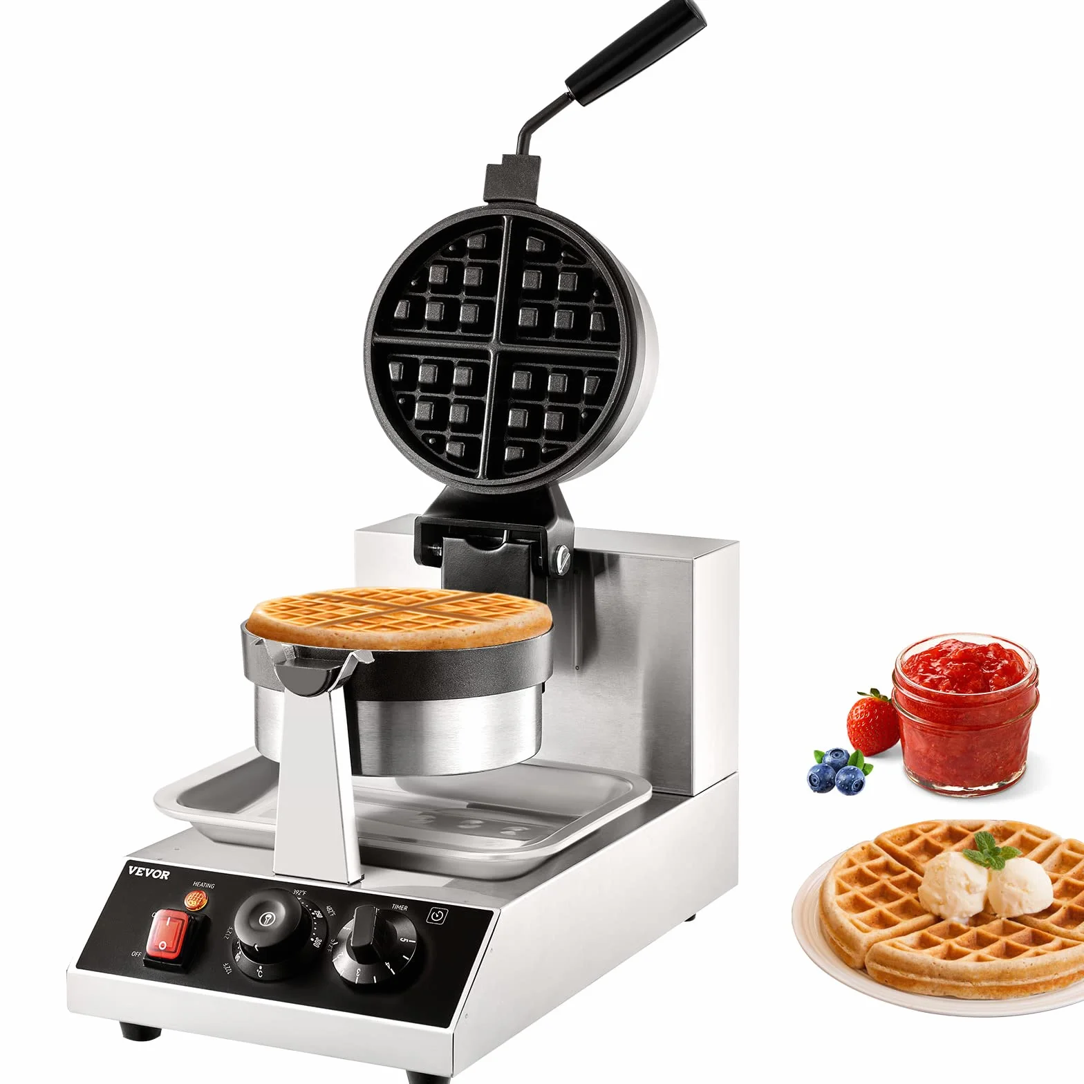 VEVOR Macchina per Waffle Belga Rotondo in Acciaio Inox Antiaderente 1300W Temperatura Controllata 50℃-300℃, Macchina Waffle Piastra Doppia Antiaderente Teglia 190,5 mm con Manico Girevole in Acciaio
