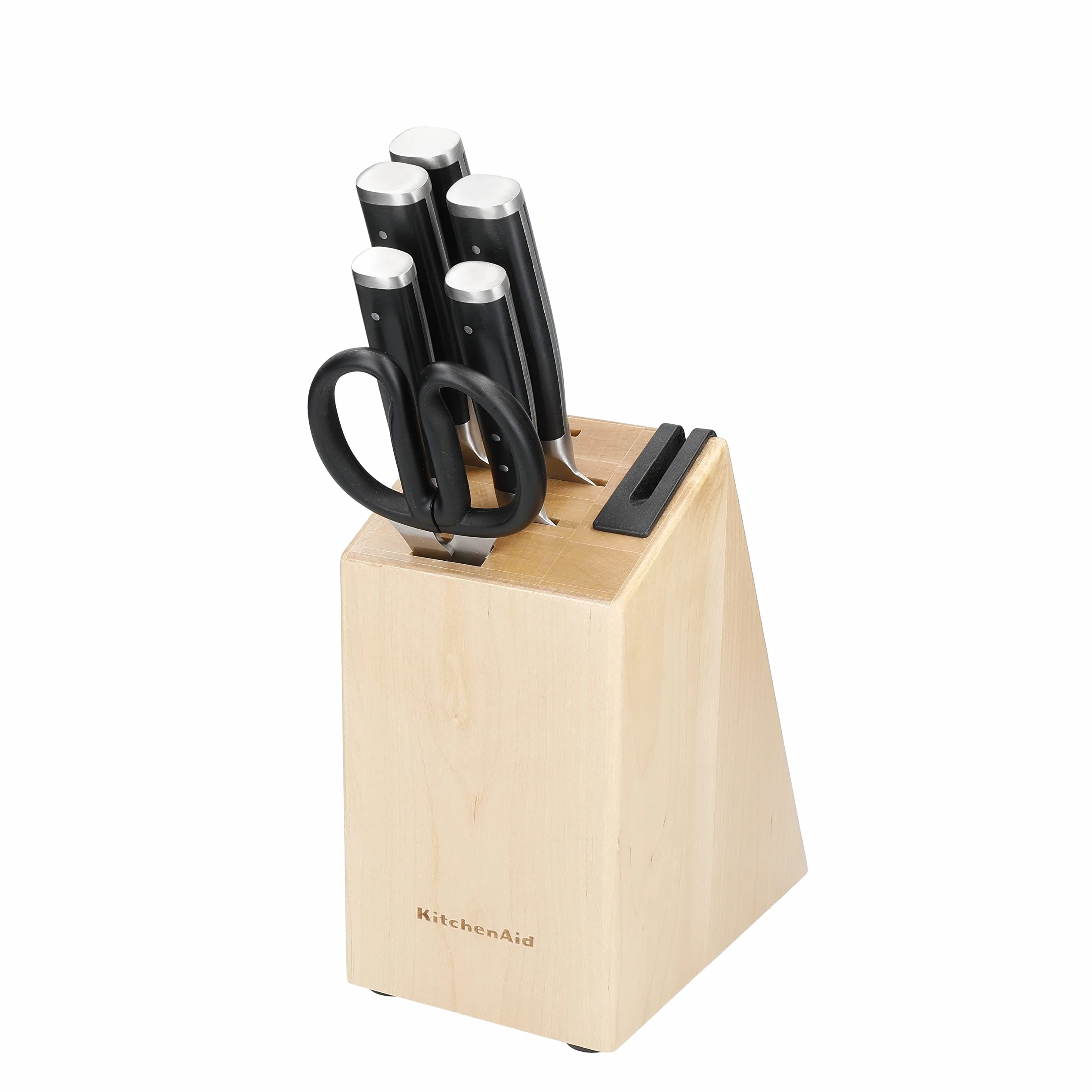 KitchenAid Gourmet Set di coltelli da 6 pezzi con blocco, manici neri, acciaio giapponese - 5 coltelli, forbici e affilatore