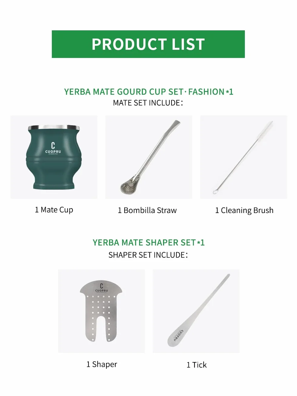 Cuopru Yerba Mate Set – Moderna Mate Cup, Shaper, Bombilla, Spazzola per Pulizia (Verde Militare)