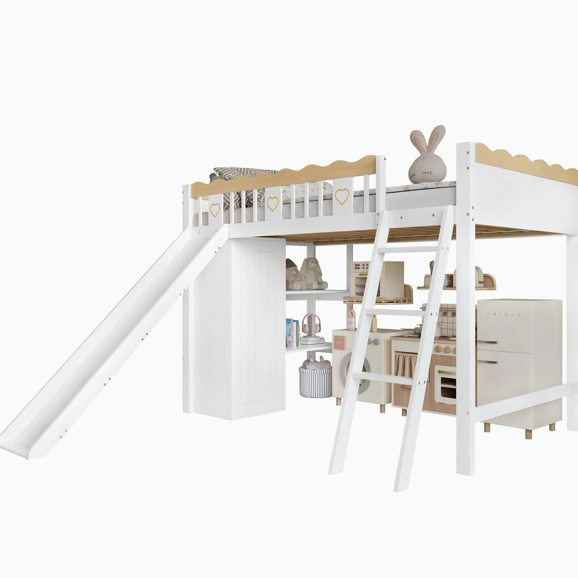 Azkoeesy Letto a Soppalco per Bambini con Scivolo, Scala Inclinata, Armadio, Mensole Librarie Integrate, Parapetto di Sicurezza Ondulato, in Pino Massiccio, Bianco, 90x200 cm