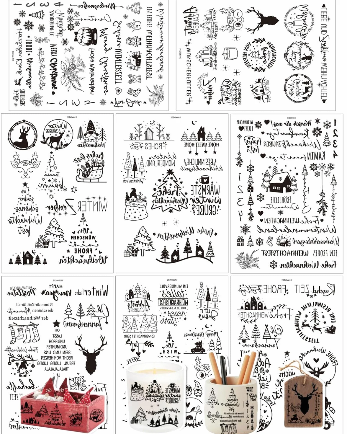 8 fogli francobolli chiari a tema Natale timbri trasparenti in silicone di stile diverso con motivo fiocco di neve albero di Babbo Natale per la fabbricazione(Nero)