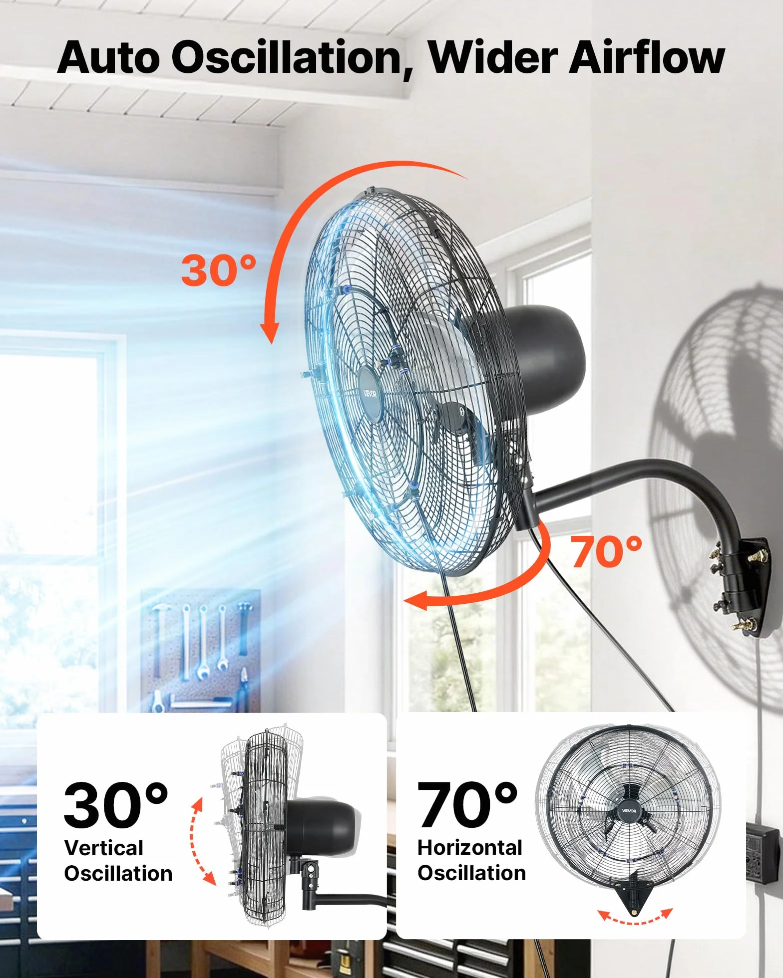VEVOR Ventilatore da Parete Industriale, 505 mm, Ventilatore Oscillante a Muro con Nebulizzazione, IP44, 3 Velocità, Telecomando, Flusso d'Aria Potente, per Officine, Garage e Ambienti Commerciali