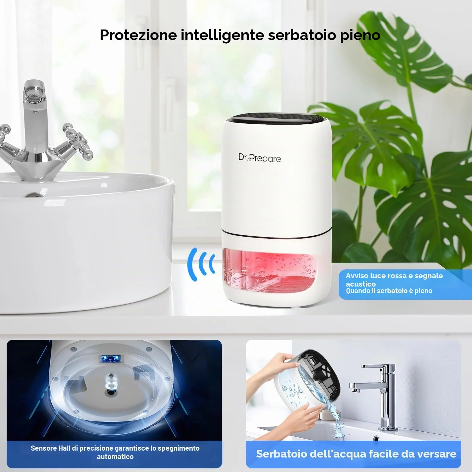 Dr.Prepare Deumidificatore Casa 1L Silenzioso Deumidificatore Portatile con Luce LED Timer 2/4/8H Spegnimento Automatico per Camera da Letto Bagno Armadio Camper