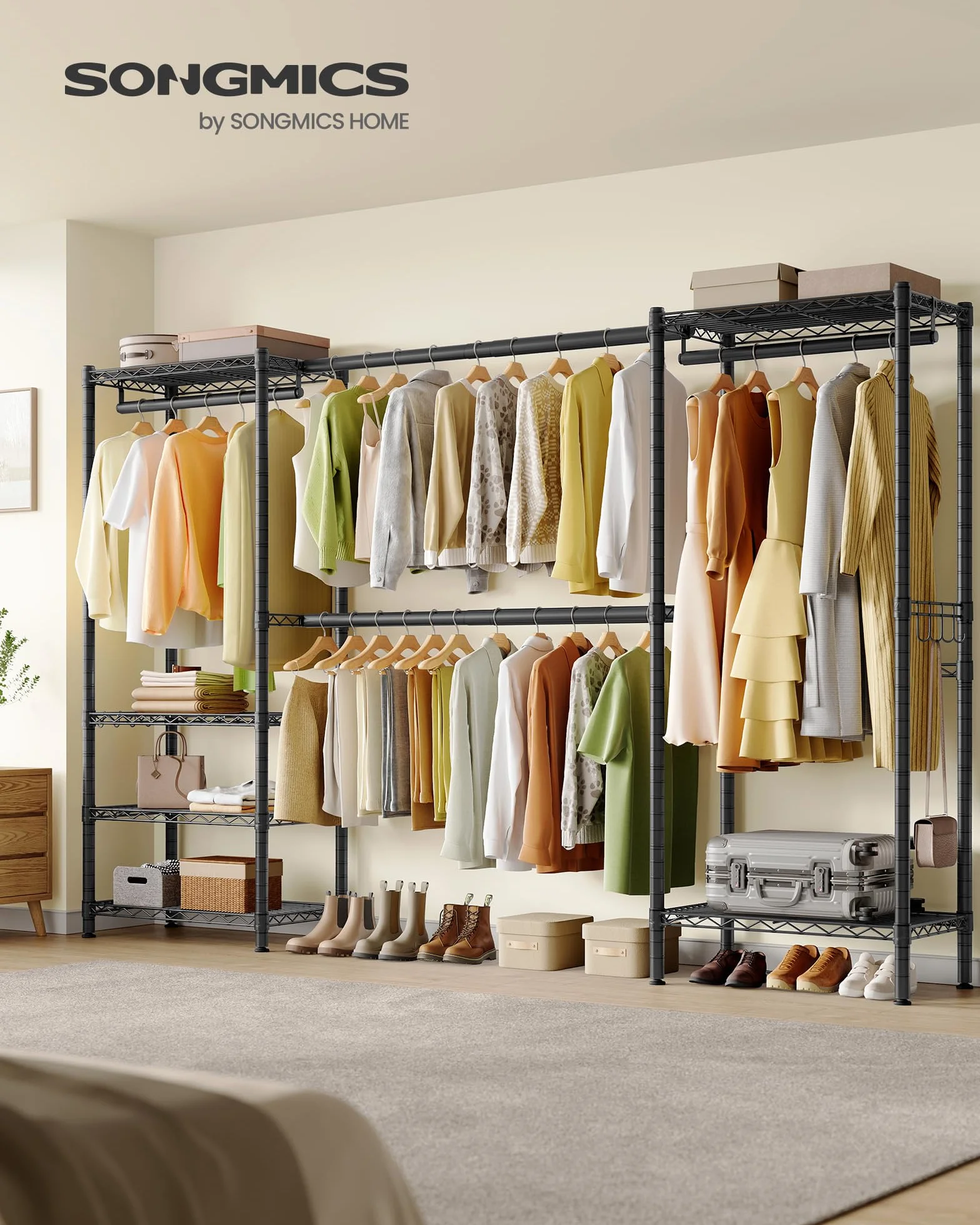 SONGMICS Appendiabiti per Carichi Pesanti, Armadio Portatile con Ripiani in Rete Regolabili e Barre Appendiabiti Estensibili, Ganci, 40 x (177-220) x 193 cm, Nero Inchiostro LGR438BH01