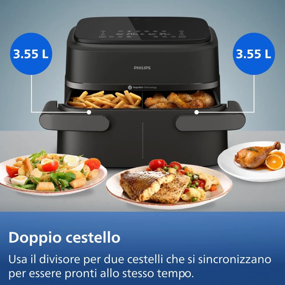 Philips Airfryer Serie 1000, Friggitrice ad aria con singolo/doppio cestello flexi da 7.1L e separatore, doppia resistenza e termostasti separati, RapidAir, 10 modalità, compatto, HomeID (NA154/00)