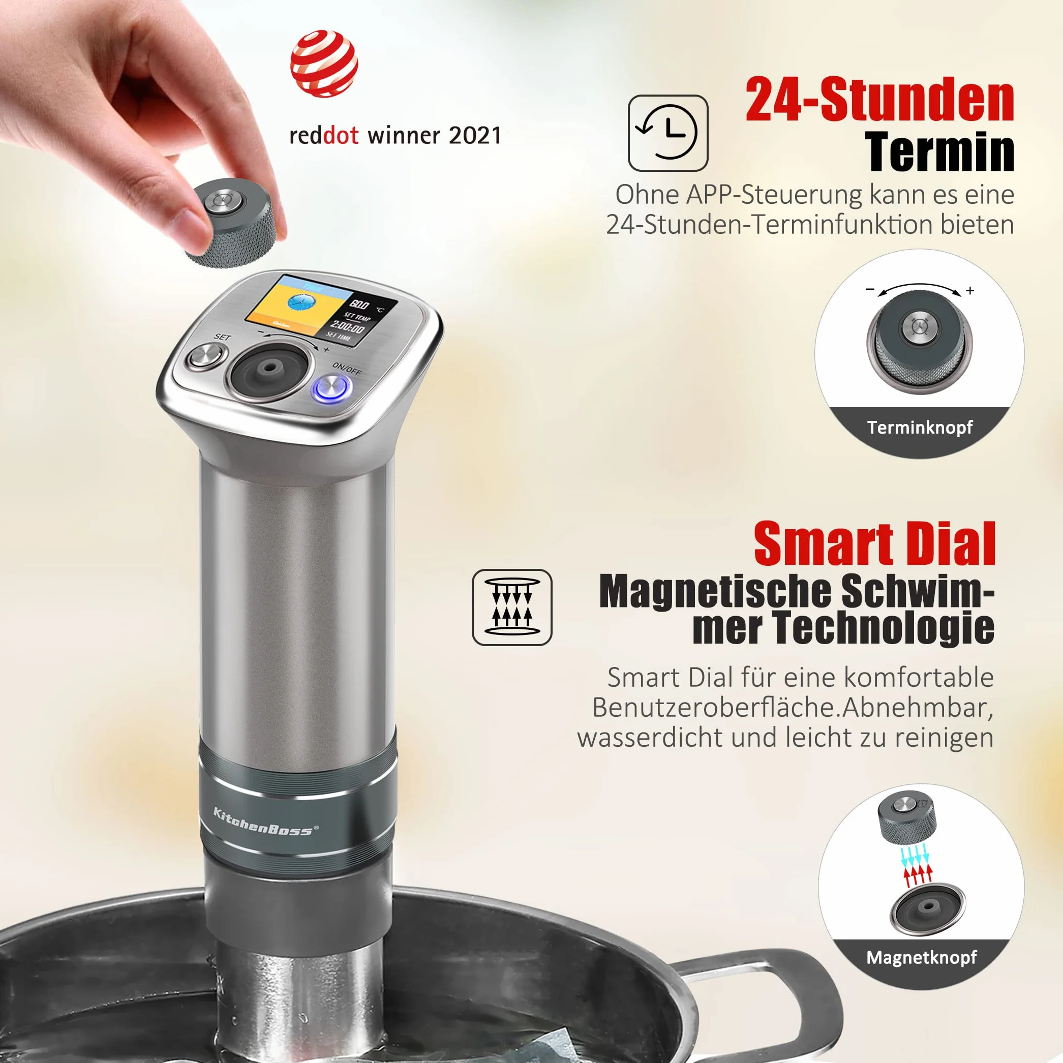 Roner cucina a bassa temperatura Sous Vide Roner: ricette LCD colorate | G320 Pro Silver Machine, motore DC senza spazzole | 1100 Watt | Viene fornito con ricettario | IPX7 KitchenBoss