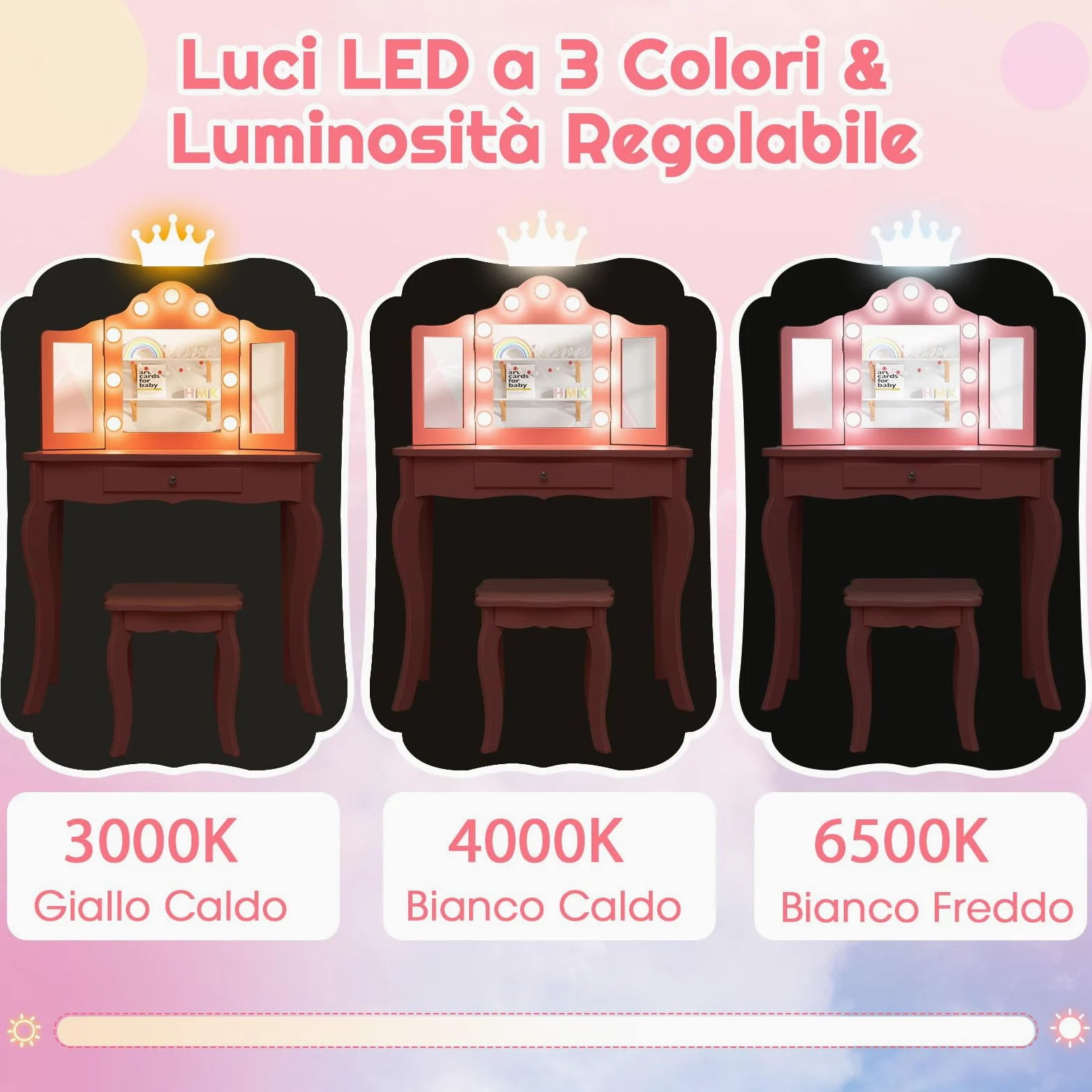 COSTWAY Toeletta Trucco 2 in 1 per Bambina, Specchiera Staccabile per Ragazza in Legno con Sgabello, Cassetto, Ripiani e Giocattoli, Postazione Trucco per 3 Anni, 70 x 34 x 103 cm (Rosa)
