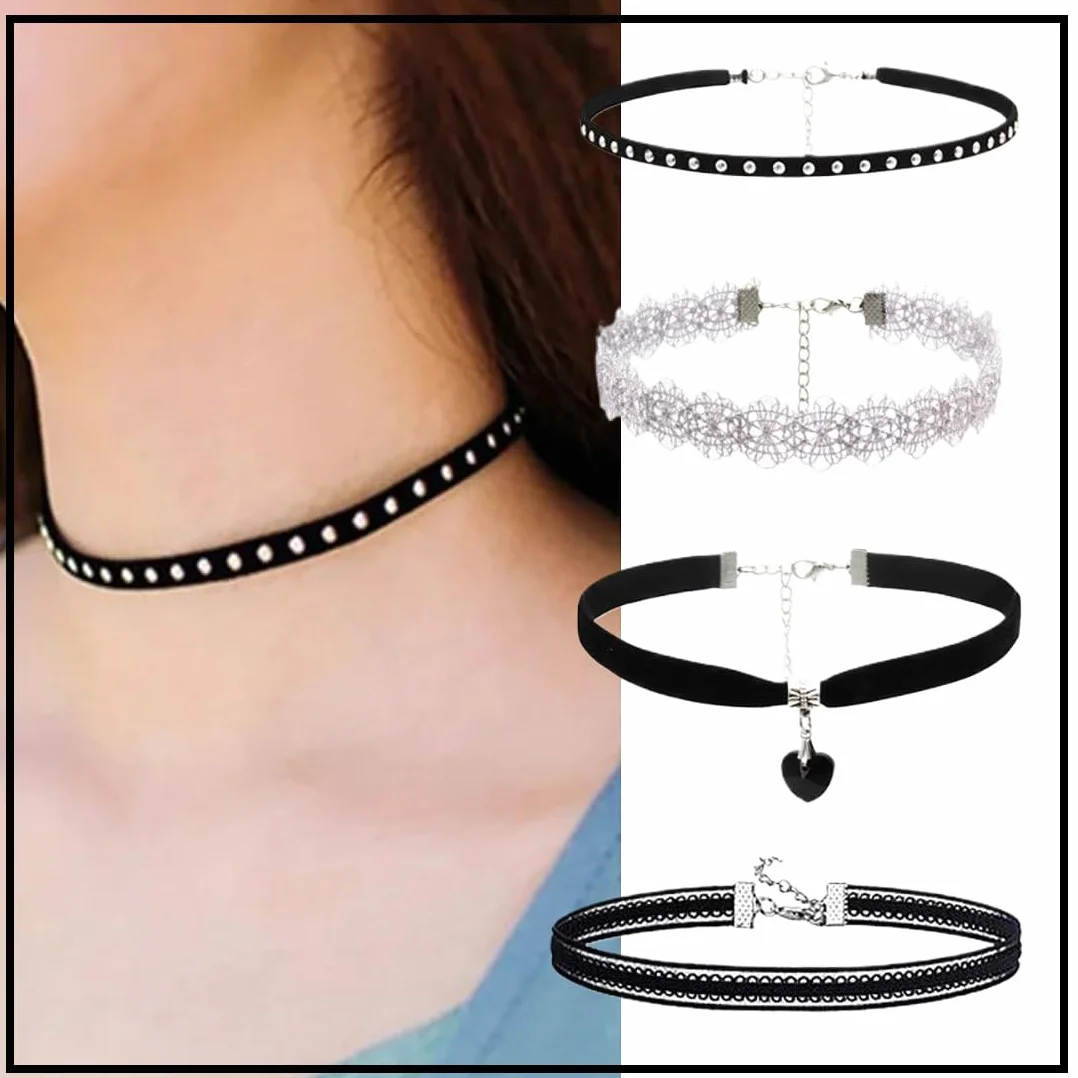 Choker Donna in Velluto Nero Girocollo Stretch Collare Tatuaggio 7 Pezzi