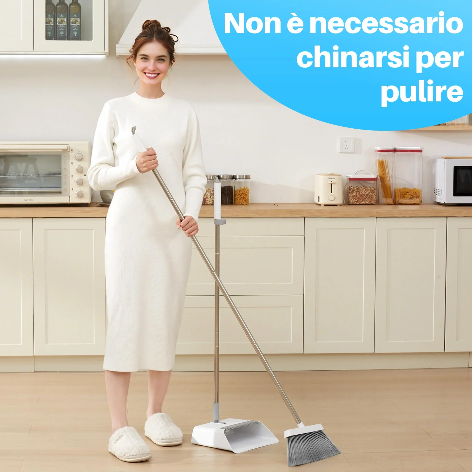 JOYMOOP set scopa e paletta, paletta e spazzola con manico lungo, scopa senza bisogno di piegarsi per uso interno ed esterno, bianco e grigio