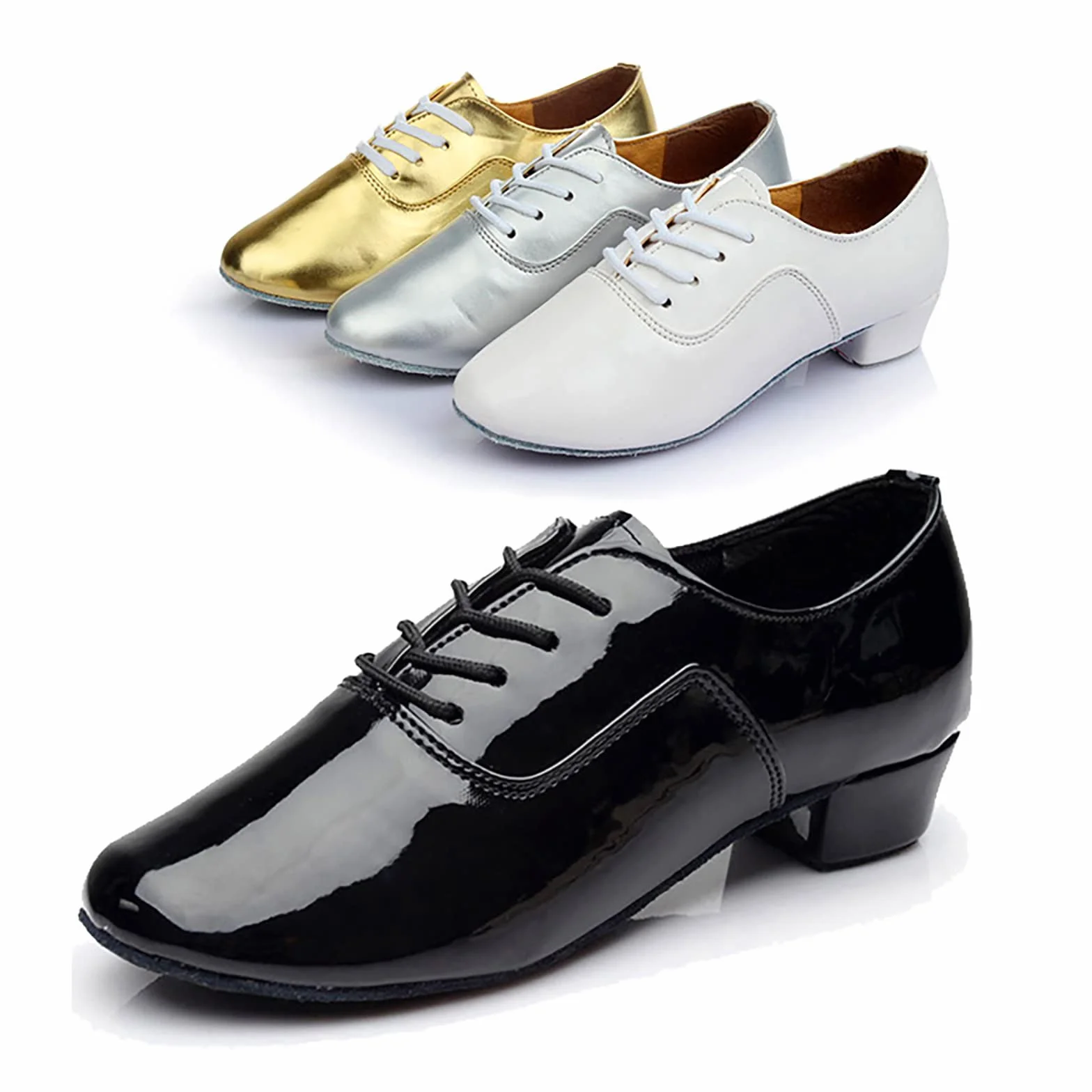 Scarpe da Ballo Americano Uomo Nero PU Suola Intera Tacco Basso Lacci Salsa Latina Tango