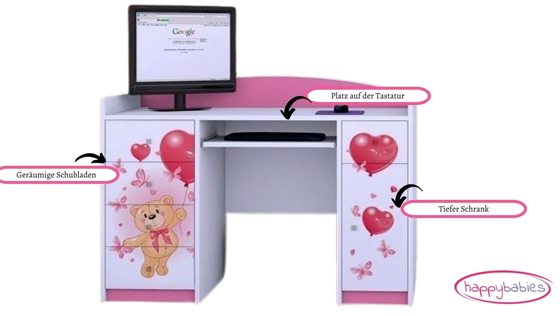 Happy Babies Scrivania per bambini con 5 cassetti, colore bianco, blu, 125 x 89 x 60 cm, scrivania per computer con ripiano per tastiera, per cameretta dei bambini, motivo orsacchiotto