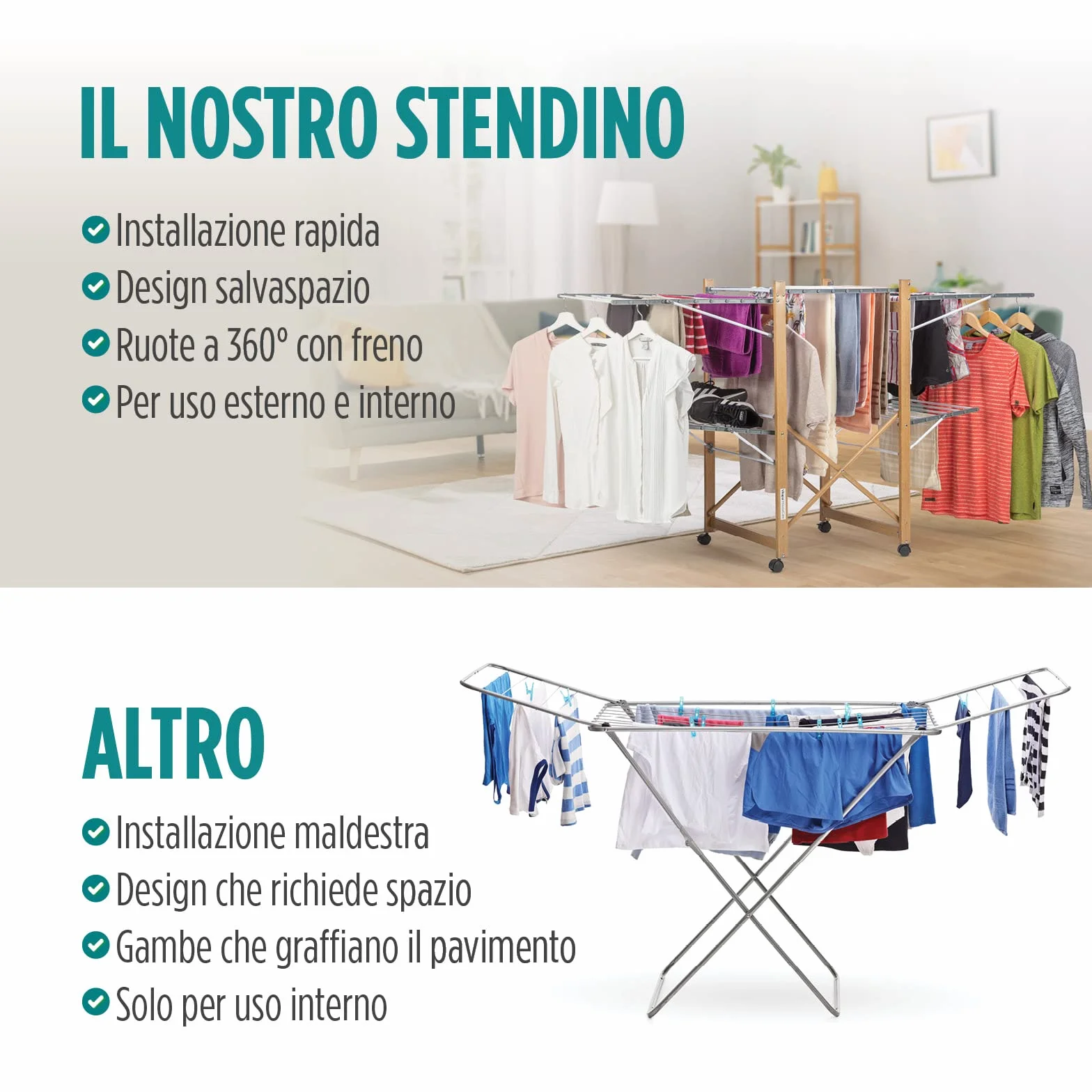 VITAPUR House Care XXL Stendibiancheria con Ruote - Stendino 2 Livelli 21m - Pieghevole 12cm Effetto Legno - Stendibiancheria da Terra Mobile Interno Esterno - 25kg Portata 136x69cm Salvaspazio