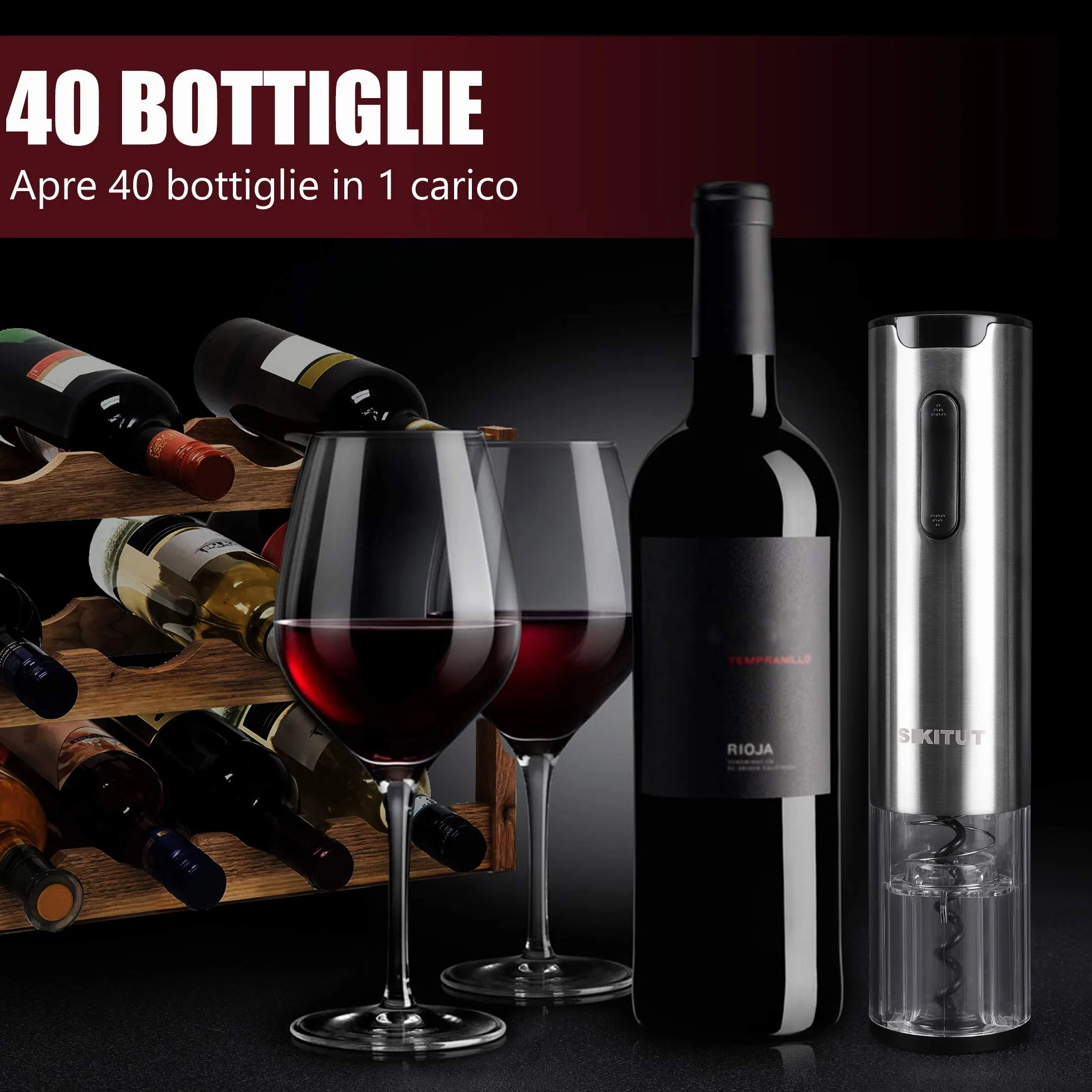 Cavatappi Elettrico Professionale Acciaio Inossidabile con Indicatore LED Batteria e Base Ricarica USB