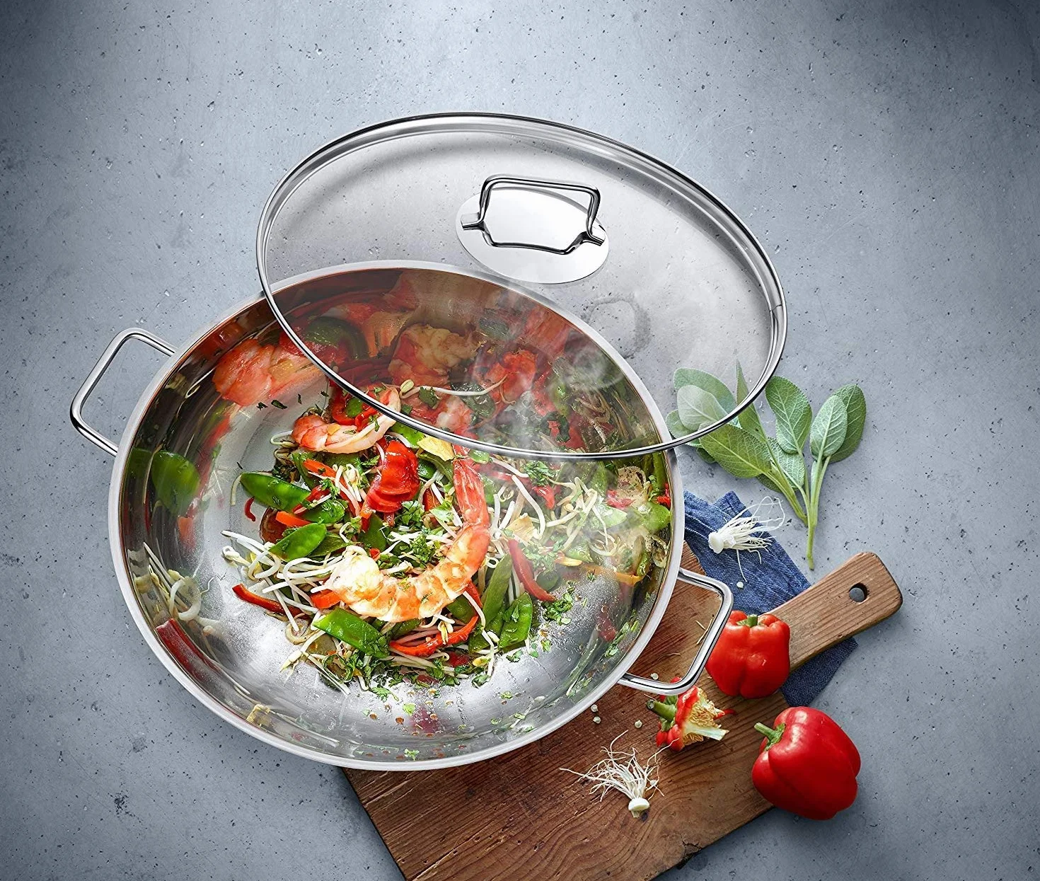 Wmf Macao - Set Wok A Induzione, 2 Pezzi, Padella Wok 36 Cm, Con Coperchio In Vetro, Acciaio Inox Cromargan Lucido Non Rivestito, 40 x 39.5 x 14 cm