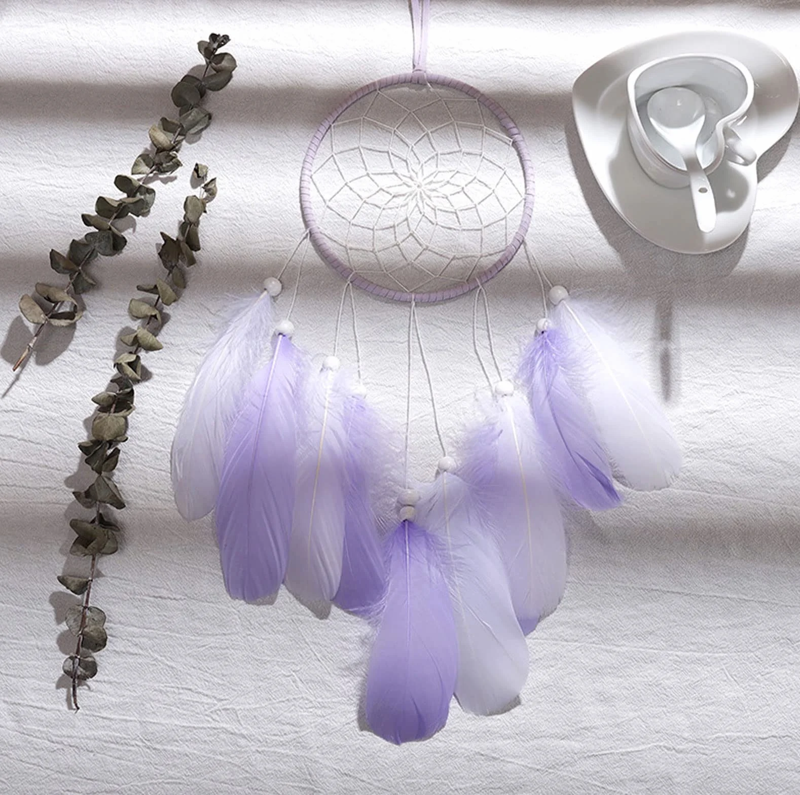 Boho Dream Catcher Acchiappasogni Piume Mano Decorazione Parete Viola