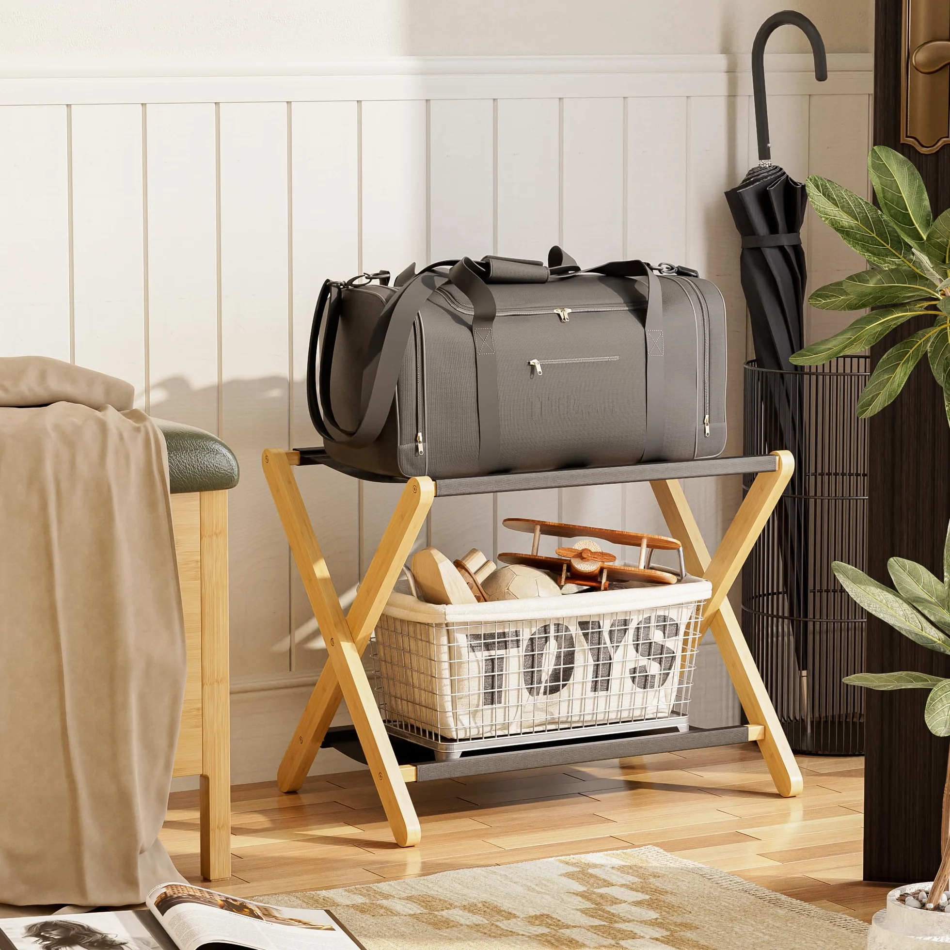 Portapacchi pieghevole in bambù premium set di 2 portavaligie con ripiano Naturale