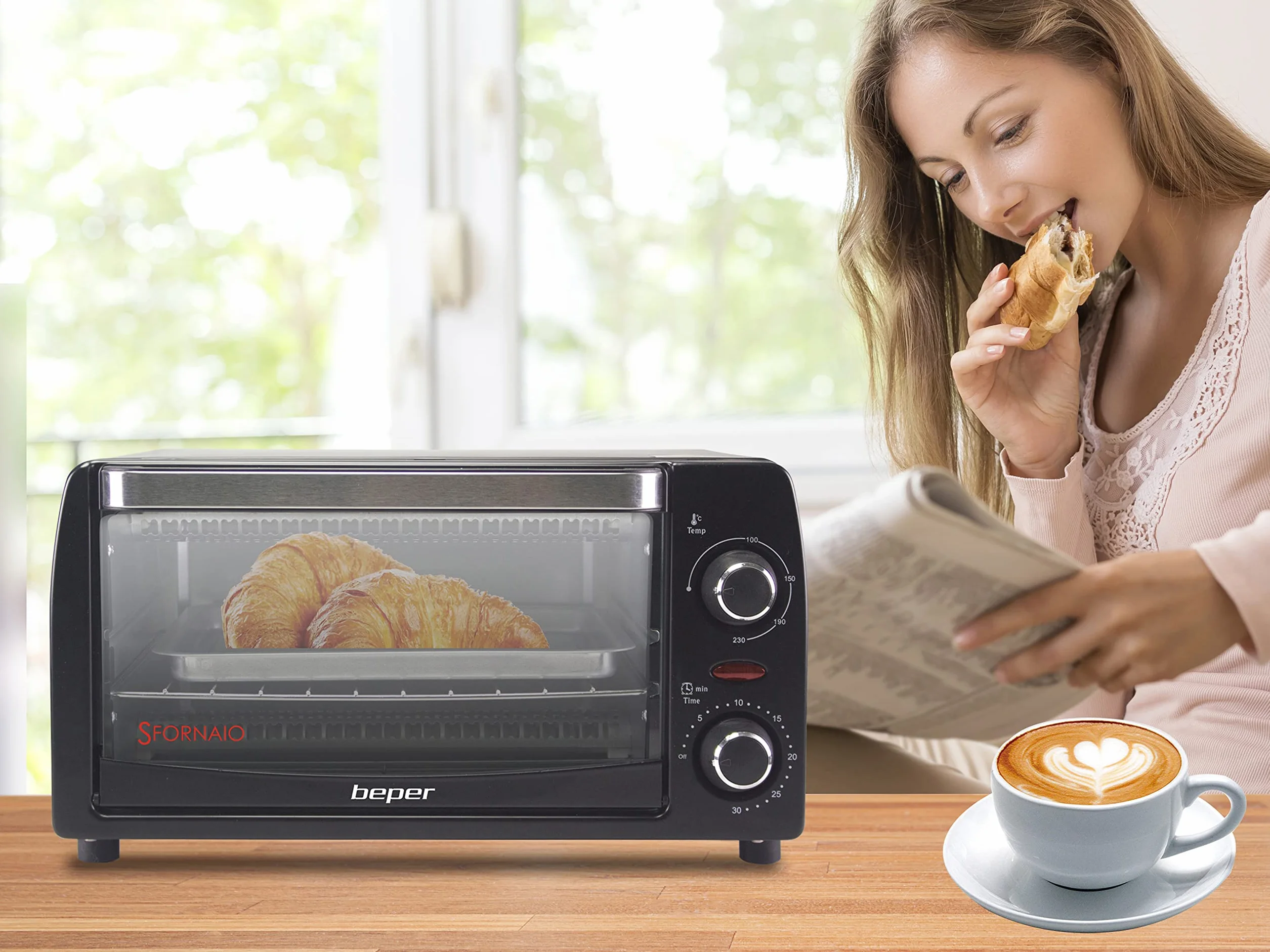 Beper Fornetto Elettrico 12L, Elementi Riscaldanti al Quarzo, Temperatura Regolabile 230°C, Nero