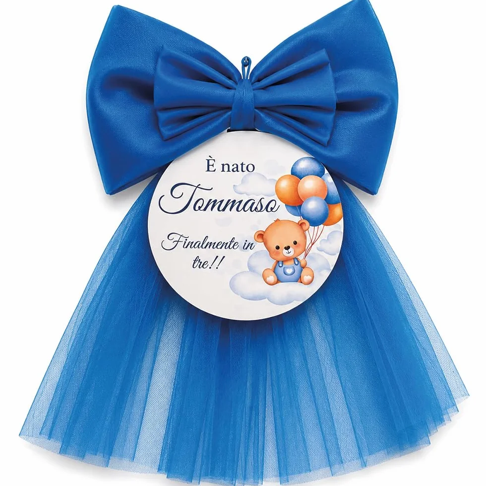 Fiocco Nascita Personalizzato con Nome e Frase, Decorazione Artigianale in Legno per Porta cameretta Neonato, Regalo Nascita Originale (Azzurro, Orsetto)