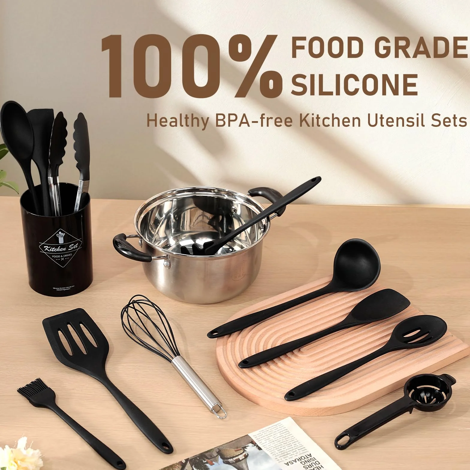 VINATO Set di Utensili da Cucina in Silicone, 12 Pezzi, Senza BPA, Nero