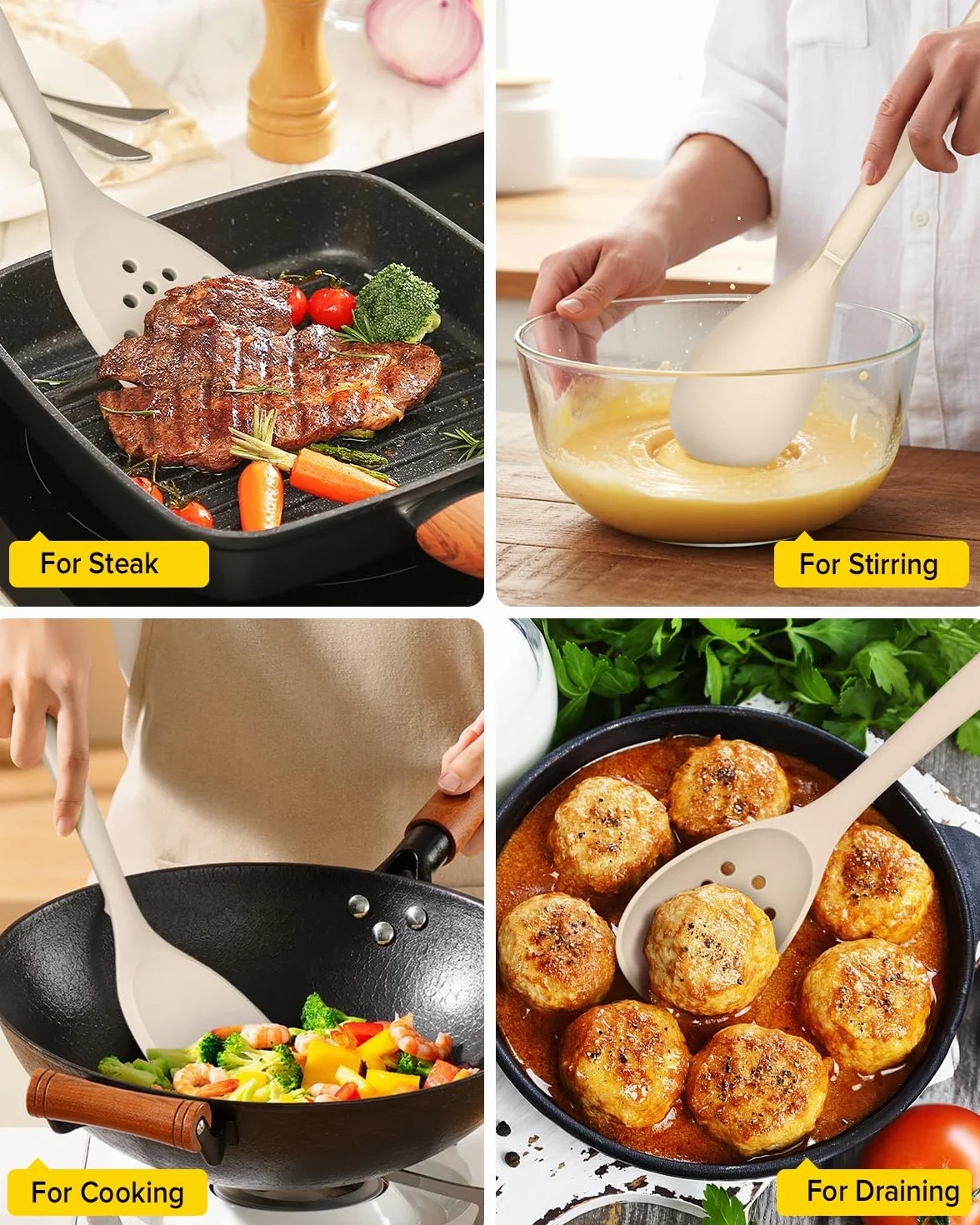Set di 9 utensili da cucina in silicone, resistenti al calore, con ganci posteriori, senza BPA, con spatole, cucchiai, schiumarola e forchetta per pasta, per pentole antiaderenti (KHAKI)