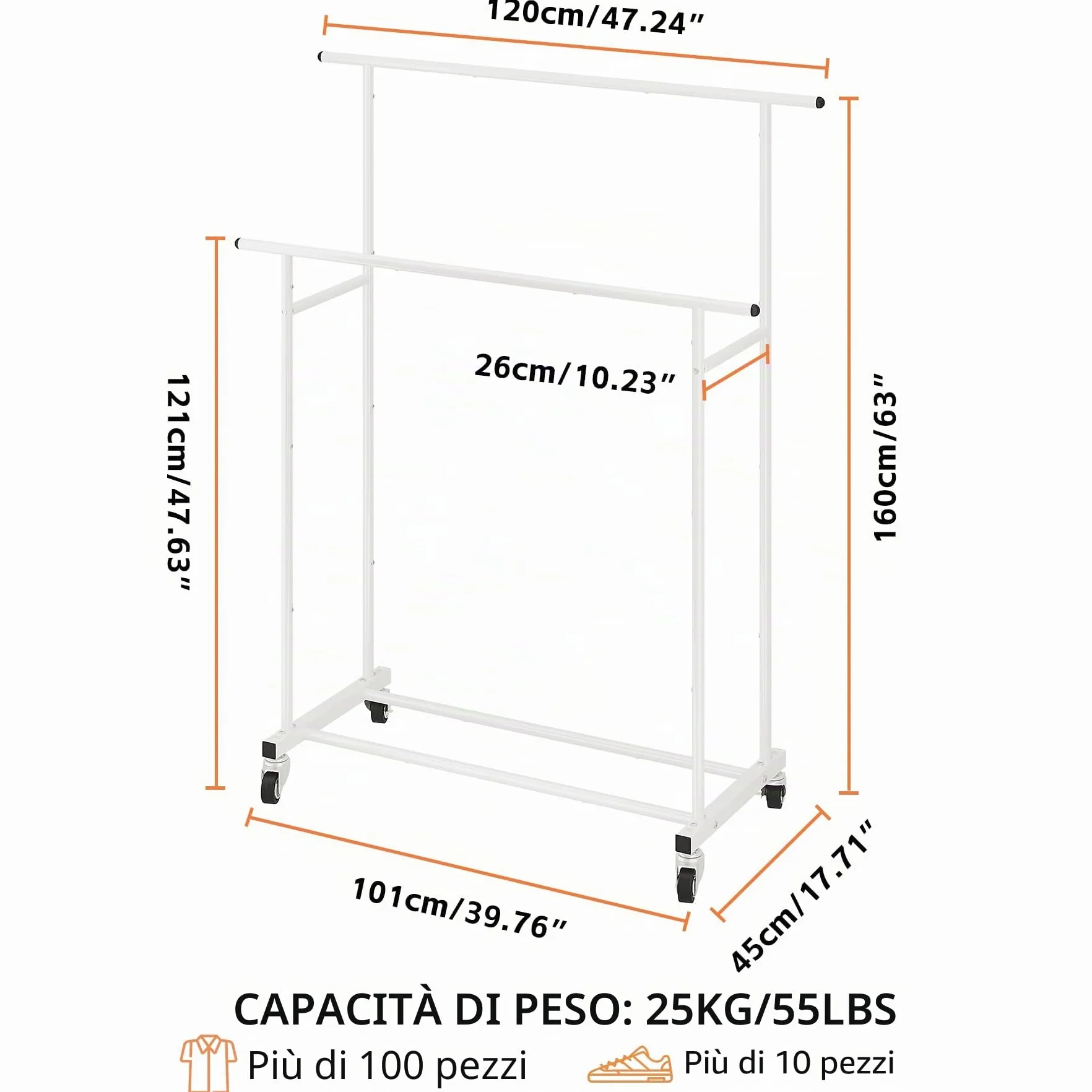 Calmootey Appendiabiti a doppia asta, appendiabiti portatile per camera da letto, soggiorno, negozio di abbigliamento, bianco