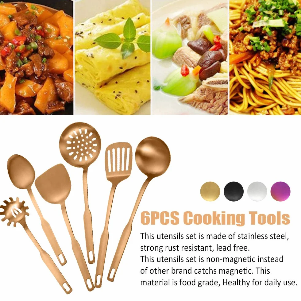 Set di Utensili da Cucina, Set di Utensili da Cucina da 6 Pezzi, Con Foro per Appendere Spatola Resistente al Calore in Acciaio Inossidabile/ Pala Fessura/ Servitore per Noodle