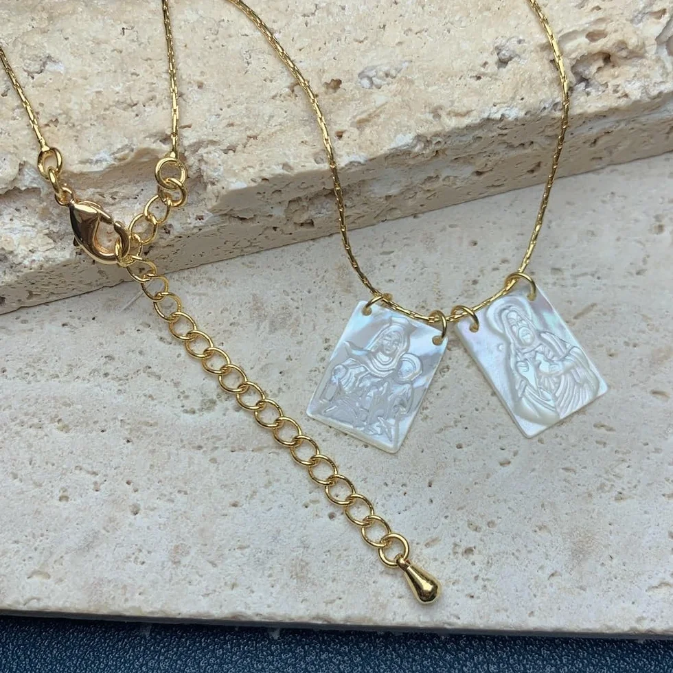 Collana con Scapolare in Madreperla Gesù E Vergine Maria,Collana con Scapolare in Perle Placcata in Oro 14k
