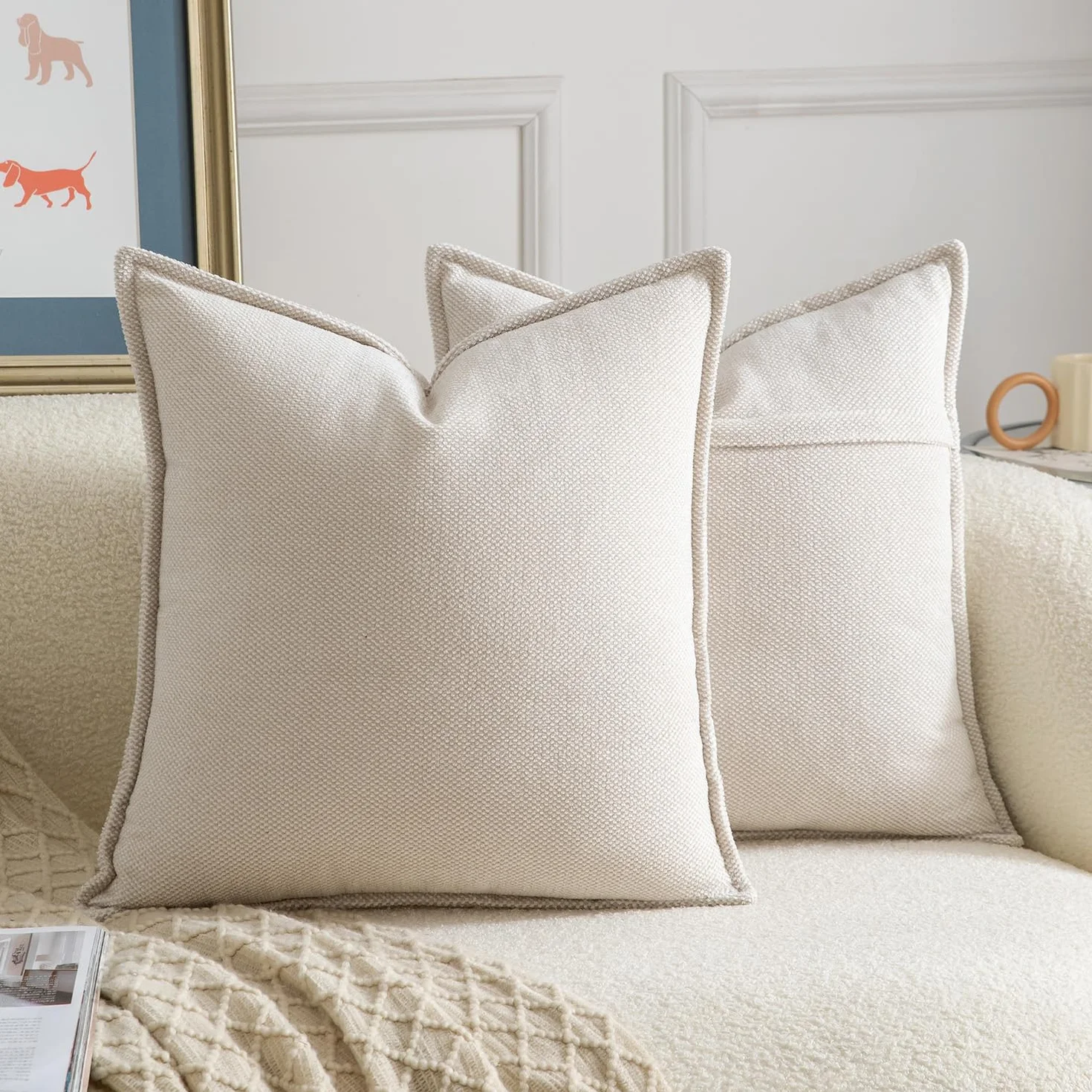 Madizz 2 Pezzi Copri Cuscini in Chenille con Bordo Decorativo Neutri Morbido Copricuscini Fodere per Cuscino Lusso Stile Arredi per Divano e Letto Beige 50x50 cm