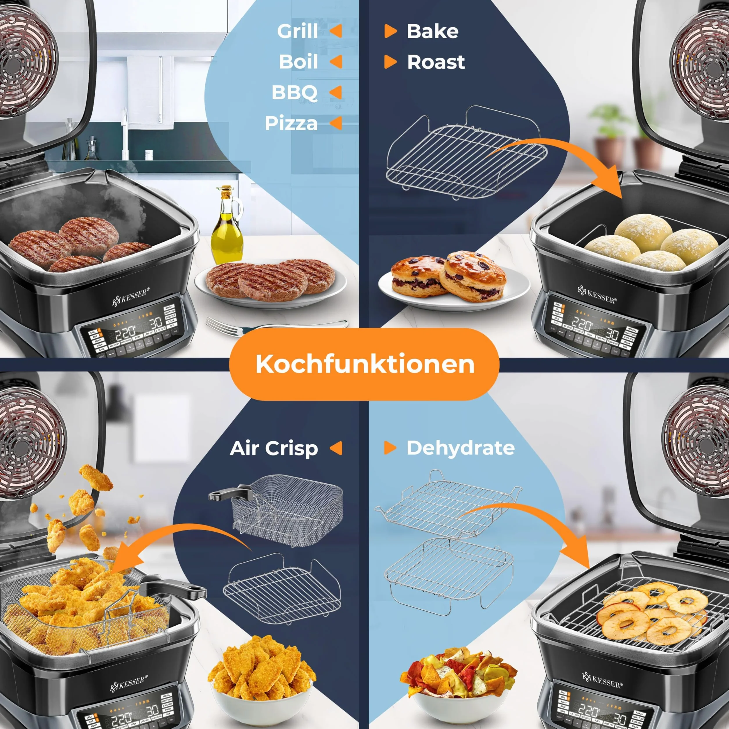 KESSER Fornello multicooker con friggitrice ad aria calda 8L 16 programmi
