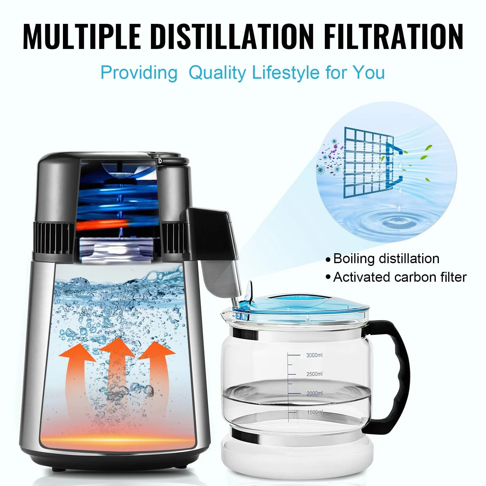 VEVOR Distillatore d'Acqua 4L Macchina per Acqua Distillata 1L/h 750W, Macchina per Distillare Acqua Uso Alimentare Contenitore Interno Vetro Acciaio Inox per Purificazione Acqua Casa Ufficio Clinica