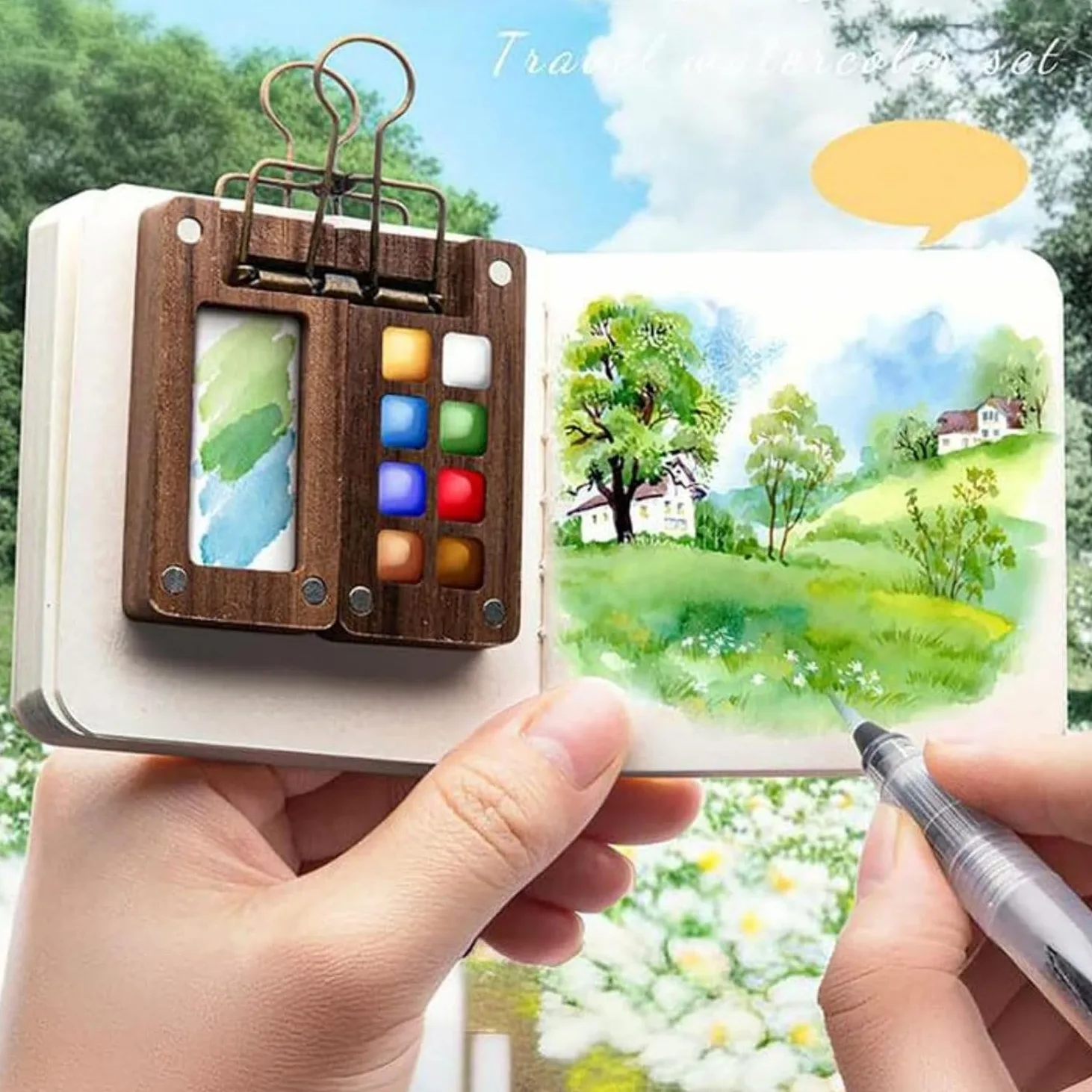 Mini kit per acquerelli, set di acquerelli, 2025 nuovo set di acquerelli da viaggio con clip pennello penna album da disegno (8 griglie+12 acquerelli)