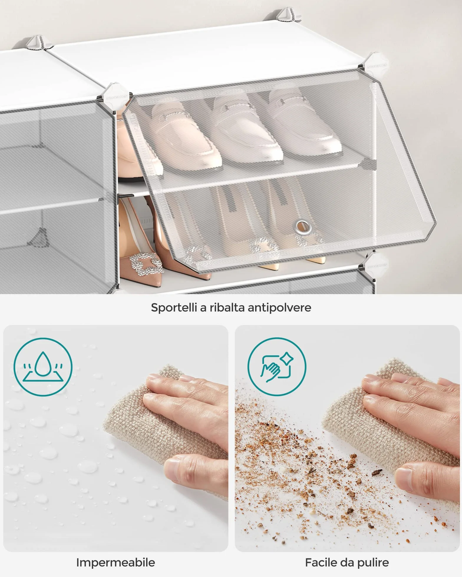 SONGMICS Scarpiera Modulare 10 Scomparti 40 Paia Scarpe con Sportelli Telaio Acciaio Bianco Trasparente LPC035W01