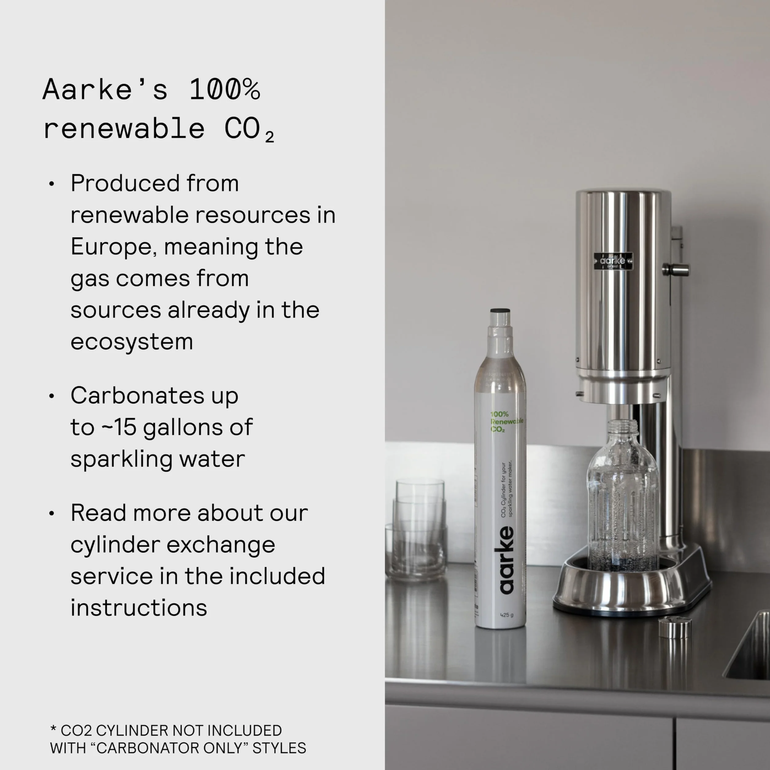 Aarke Carbonator Pro, Gasatore d’acqua con Bottiglia di Vetro, Finitura Acciaio