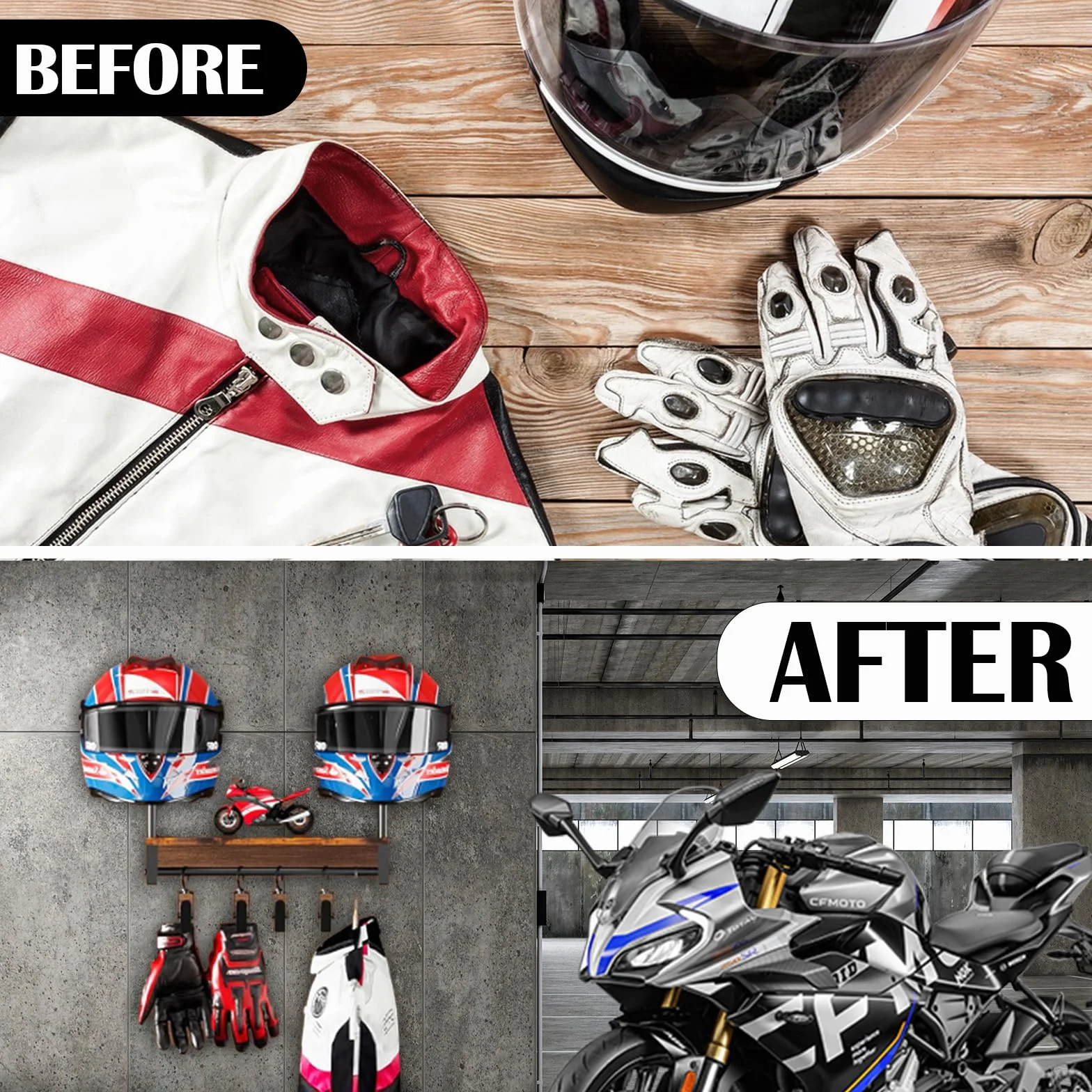 Porta Casco Moto da Parete per 2 Caschi con 4 Clip Appendere Guanti Abbigliamento Moto