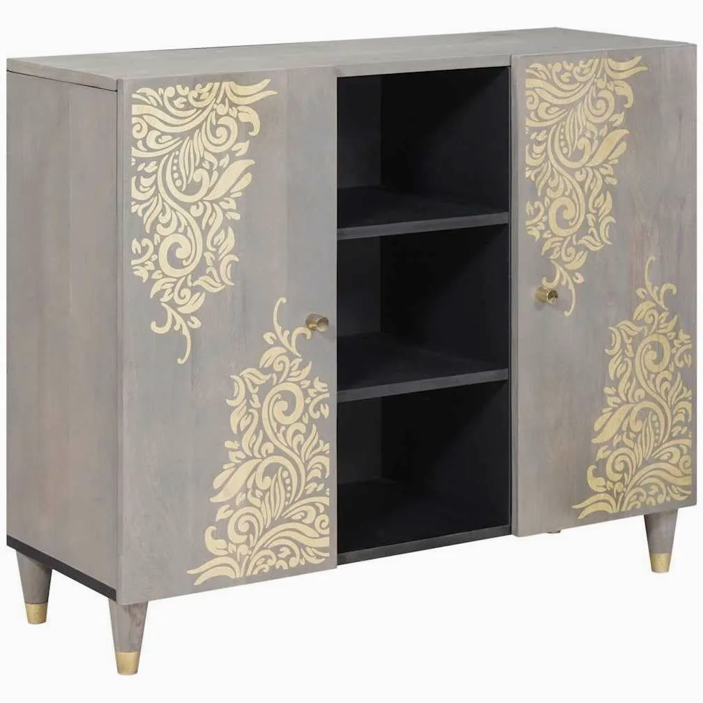 Credenza grigio e oro in legno massello mango 90 x 33 x 75 cm con pomelli in ottone e design serigrafato, vano portaoggetti con 2 ante a cerniera per soggiorno, media, hifi e stoccaggio