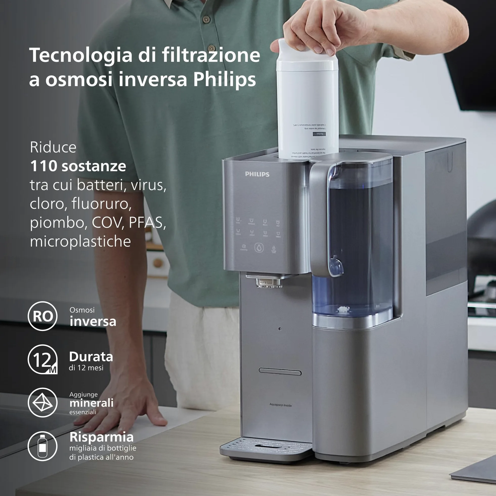 Philips Water ADD6921DG Stazione dell'acqua a osmosi inversa: rimuove fino a 110 sostanze, riscaldamento e raffreddamento istantanei, durata del filtro di 1 anno