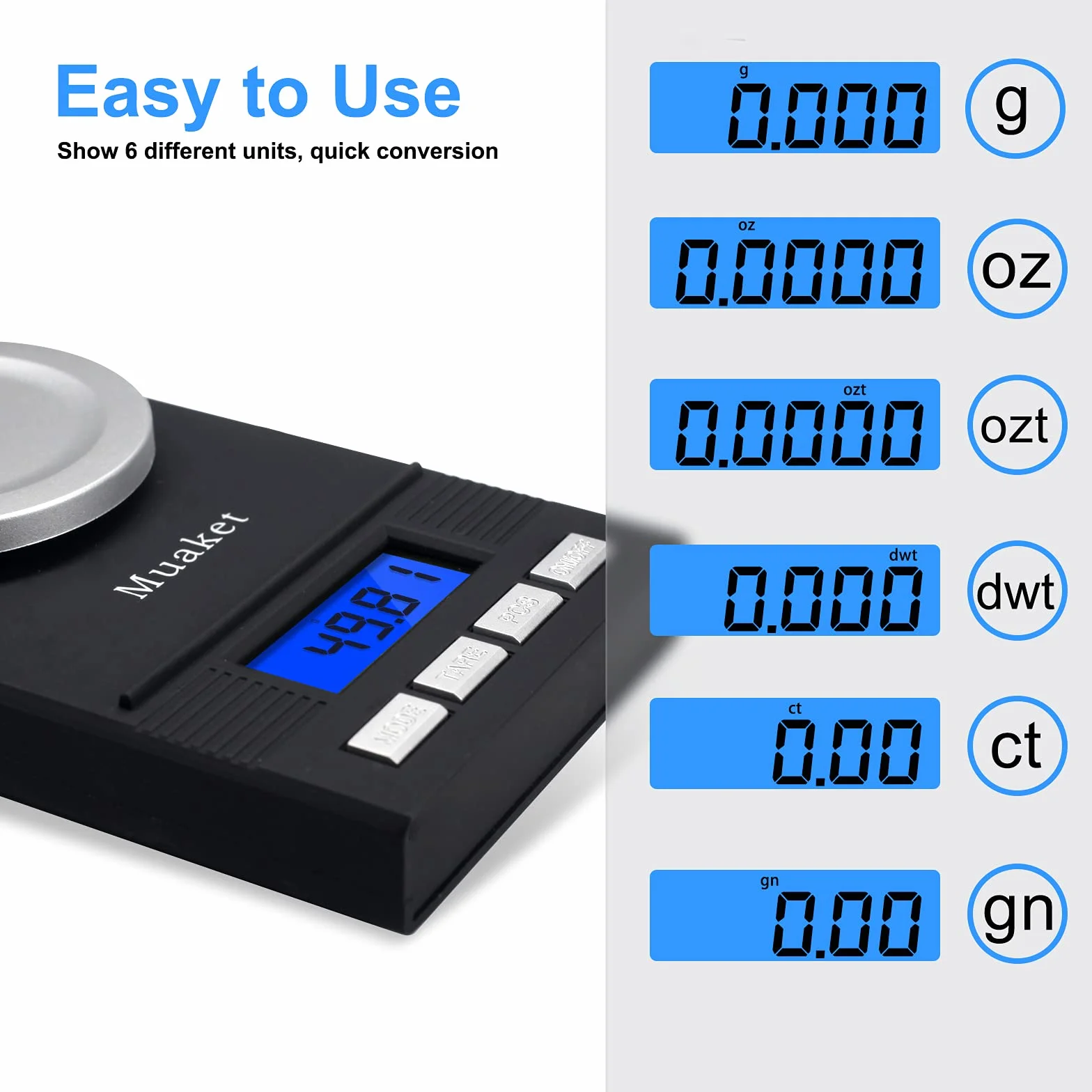 Bilancia Digitale 0,001g/50g, Muaket Precisione Cucina, Milligrammi con Display LCD, Scale con Funzione Tare, Calibrazione Pesi, Piatto di Pesata e 2 x Batterie