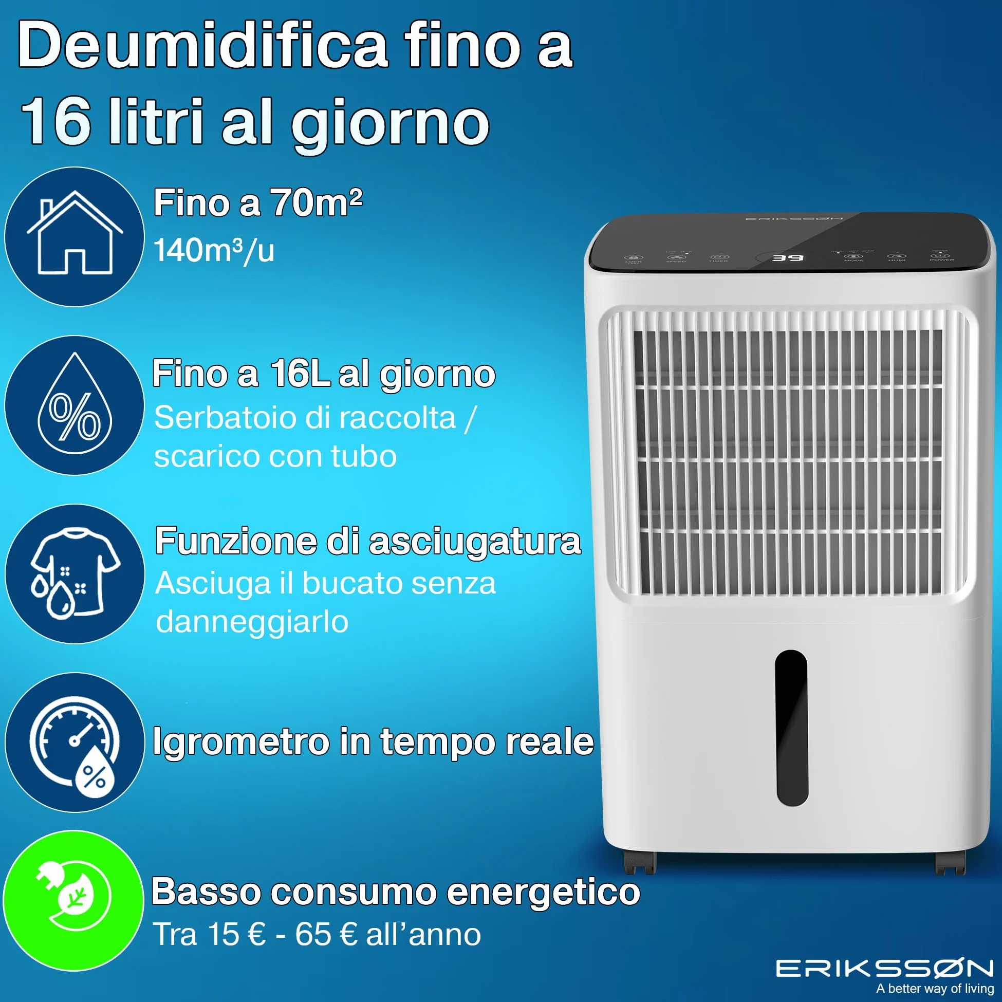 Deumidificatore con display LED, timer e blocco bambini | Rimuove 16 litri di umidità ogni 24 ore | Per stanze di circa 70 m² (140 m³) | risparmio energetico con sensore di umidità