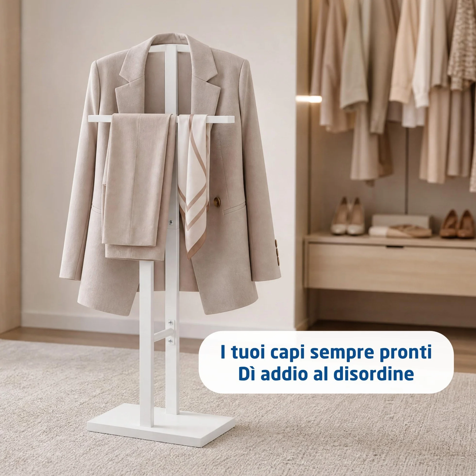 Servo Muto Mod. ADAK - Colore Bianco Opaco - Con Appendiabiti Superiore e Barra per Pantaloni - 52 x 18 x 100 cm - Acciaio con Base in Cemento - Appendiabiti per Camera da Letto