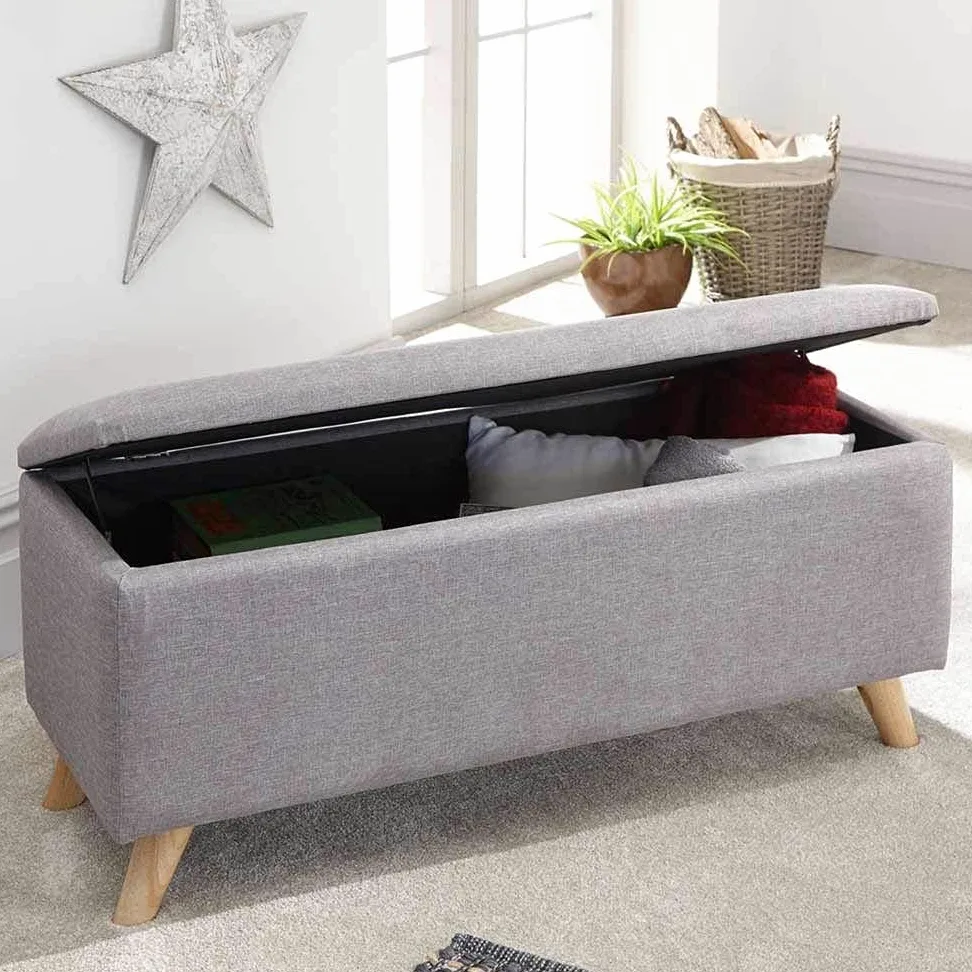 BAKAJI Cassapanca Pouf Contenitore Poggiapiedi Camera da Letto Panca Sgabello Struttura in Legno Rivestimento in Tessuto Hopsack Seduta Apribile Imbottita 106 X 32 X 42 cm (Grigio Chiaro)