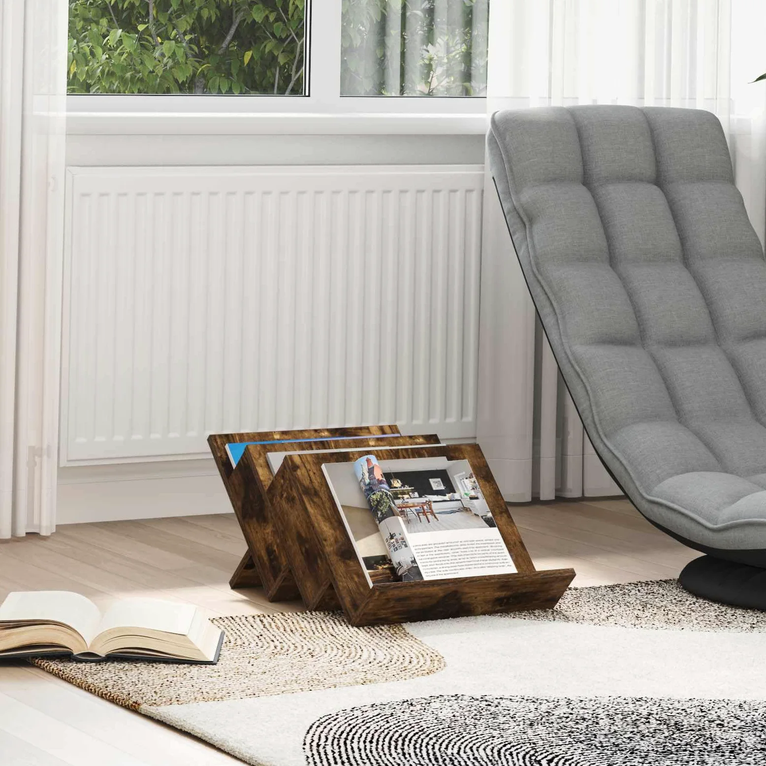 Portariviste in rovere affumicato, 53 x 40 x 28,5 cm, con 3 ripiani, versatile portariviste per soggiorno, ufficio, bagno, conservazione stabile e pratico ripiano