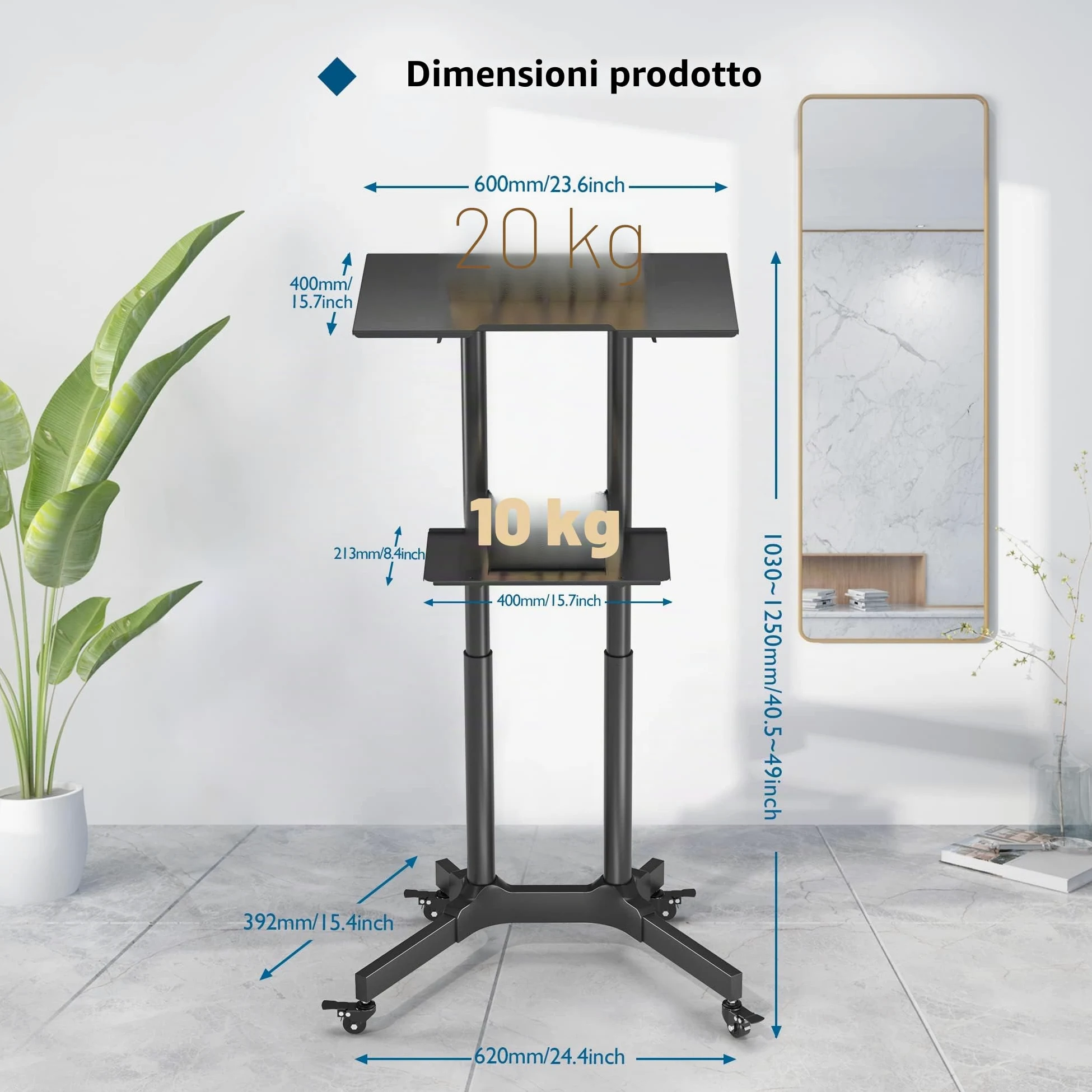 BONTEC Tavolino da Laptop, Tavolino Porta PC con Ruote Bloccabili e Piano Inclinabile, Altezza Regolabile, per Lavoro Studio Tavolo del Computer Spostabile,Nero