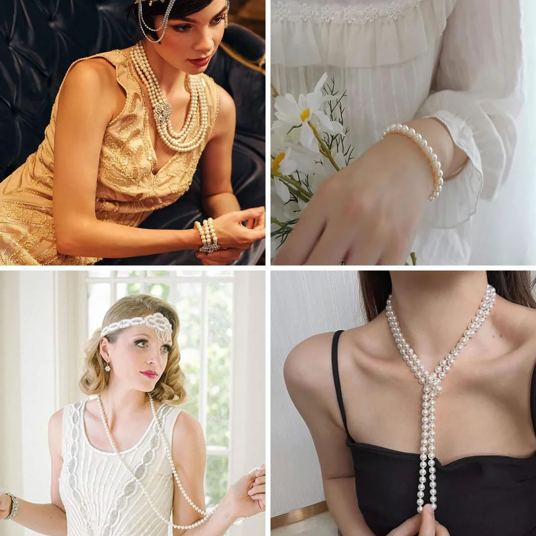 Collana di Perle Bianca 150cm con Bracciale, 1920s Costume Accessori Elegante Lunga Collana di Signore in Bianco