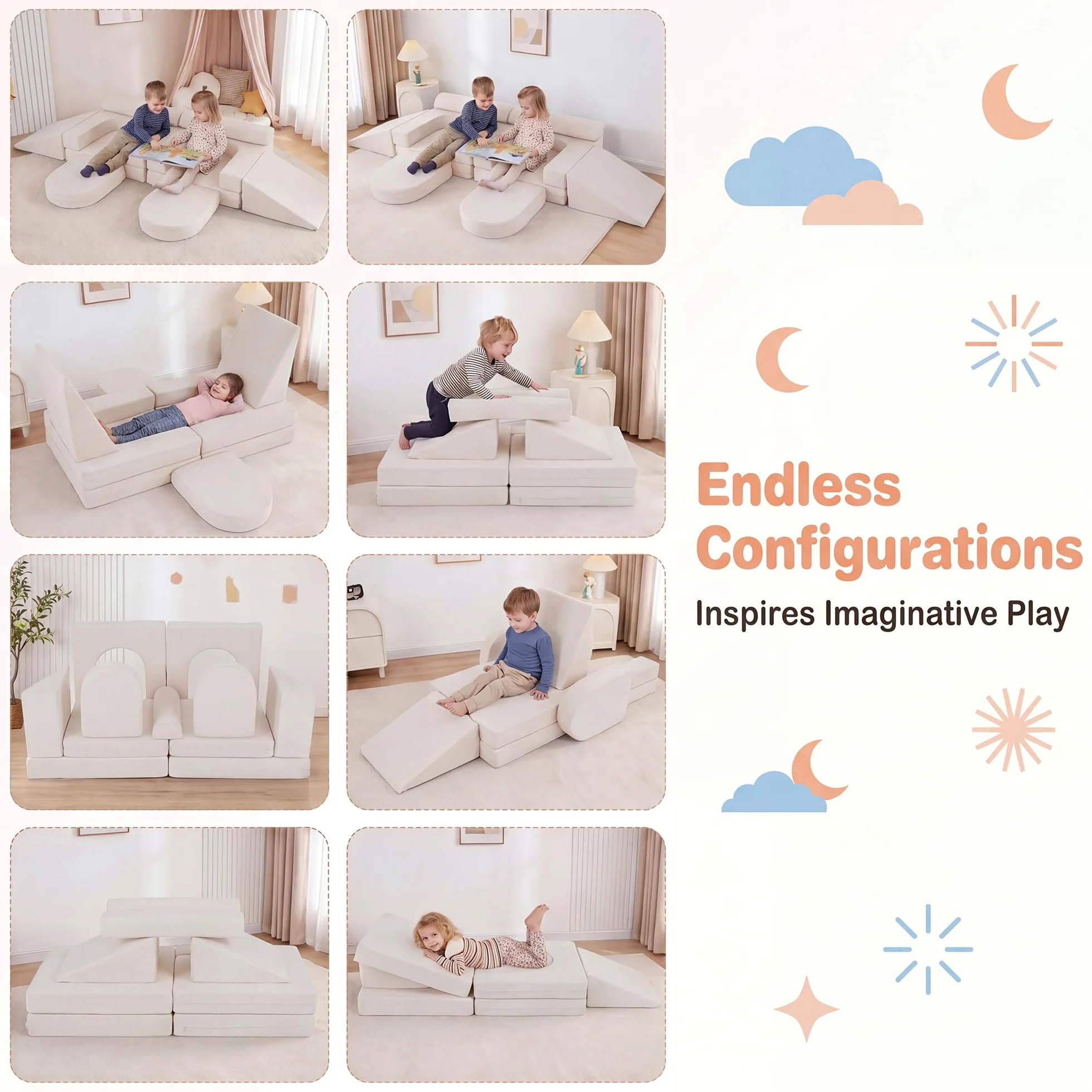 LIFEZEAL Divano Modulare per Bambini, Set di 10 Blocchi di Costruzione in Schiuma con Diverse Forme, Divano da Gioco Convertibile con Fodere Lavabili in Lavatrice per Bmabini 3+ Anni (Beige)