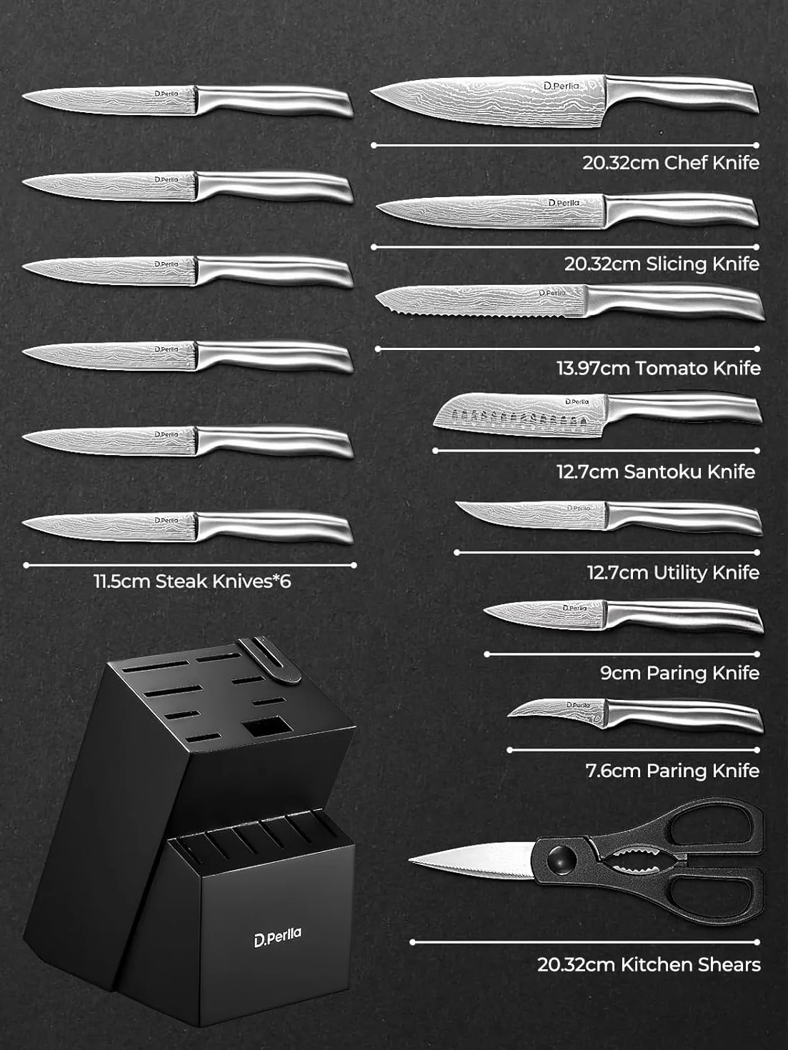 D.Perlla Set Ceppo Coltelli, set coltelli da cucina con ceppo da 15 Pezzi, Set Coltelli da Cucina in Acciaio Inox Ultra Affilati con Ceppo in Legno e Lame in Damasco Laser, Temperino Incorporato